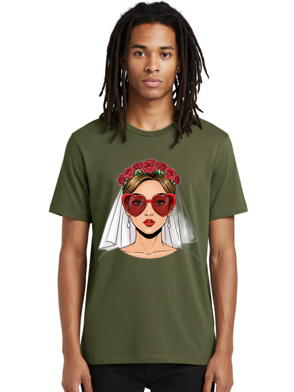 Bride-With-Heart-Shaped-Sunglasses Men'S Graphic Tee, 100% Cotton, Comfortable Casual Summer Wear, Machine Washable, Bride With Red Heart-Shaped Sunglasses, Floral Crown, White Veil, Earrings, Red Lipstick, Modern Wedding Fashion, Baa232