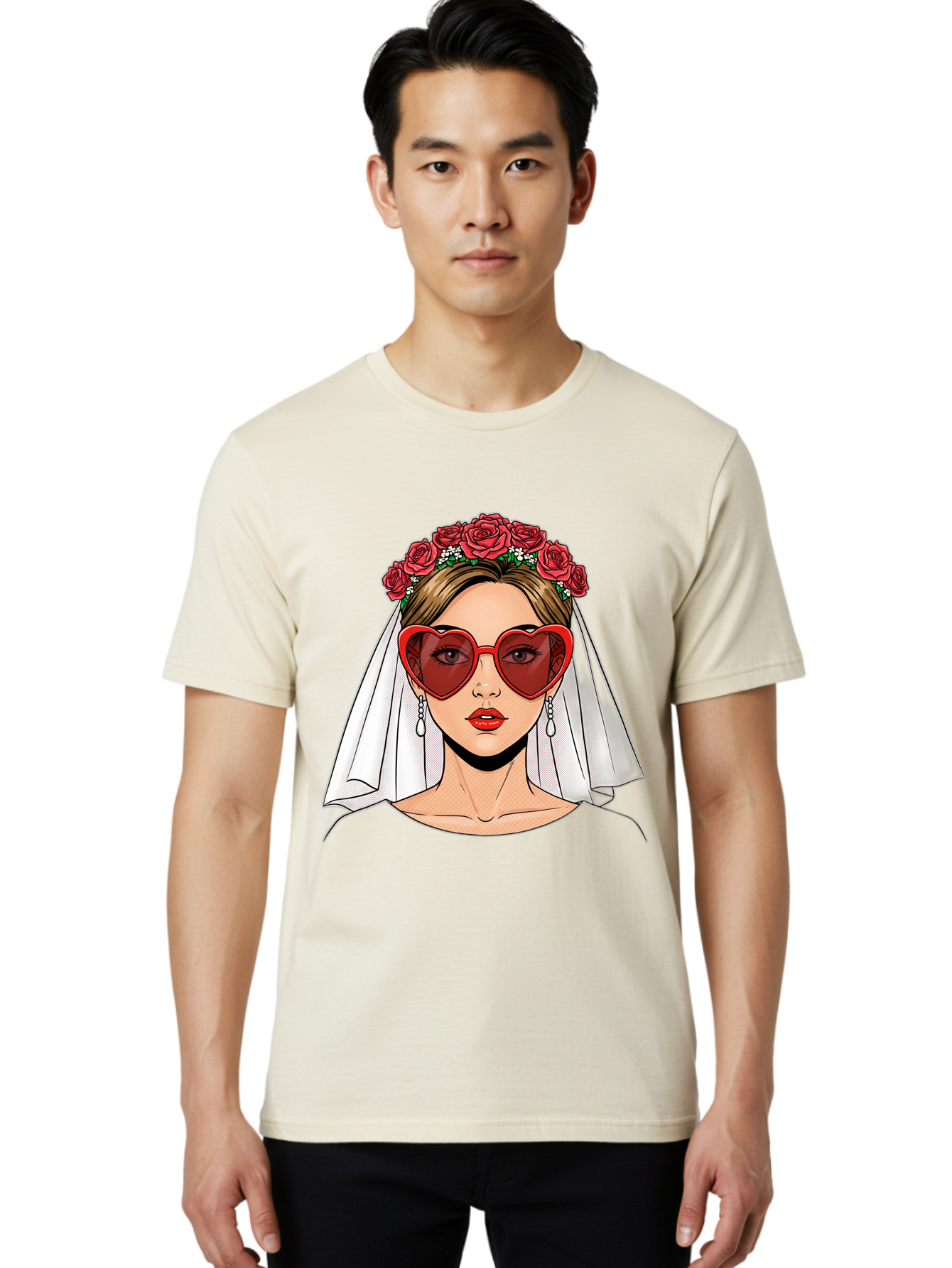 Bride-With-Heart-Shaped-Sunglasses Men'S Graphic Tee, 100% Cotton, Comfortable Casual Summer Wear, Machine Washable, Bride With Red Heart-Shaped Sunglasses, Floral Crown, White Veil, Earrings, Red Lipstick, Modern Wedding Fashion, Baa232
