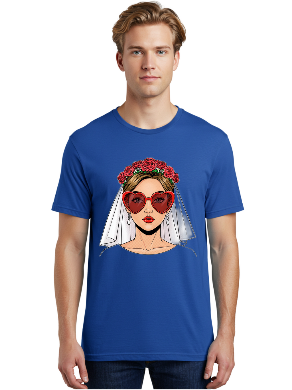 Bride-With-Heart-Shaped-Sunglasses Men'S Graphic Tee, 100% Cotton, Comfortable Casual Summer Wear, Machine Washable, Bride With Red Heart-Shaped Sunglasses, Floral Crown, White Veil, Earrings, Red Lipstick, Modern Wedding Fashion, Baa232