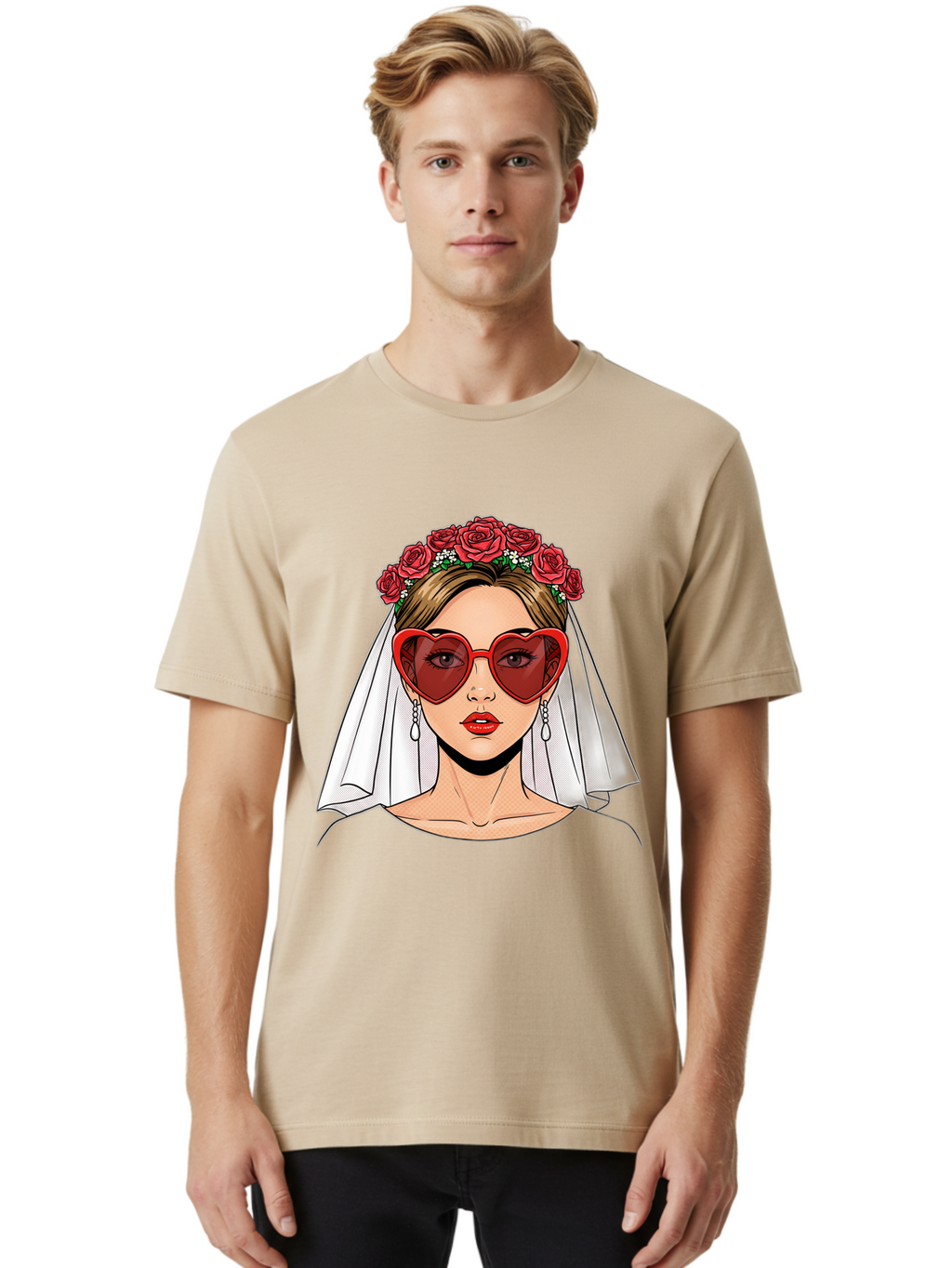 Bride-With-Heart-Shaped-Sunglasses Men'S Graphic Tee, 100% Cotton, Comfortable Casual Summer Wear, Machine Washable, Bride With Red Heart-Shaped Sunglasses, Floral Crown, White Veil, Earrings, Red Lipstick, Modern Wedding Fashion, Baa232