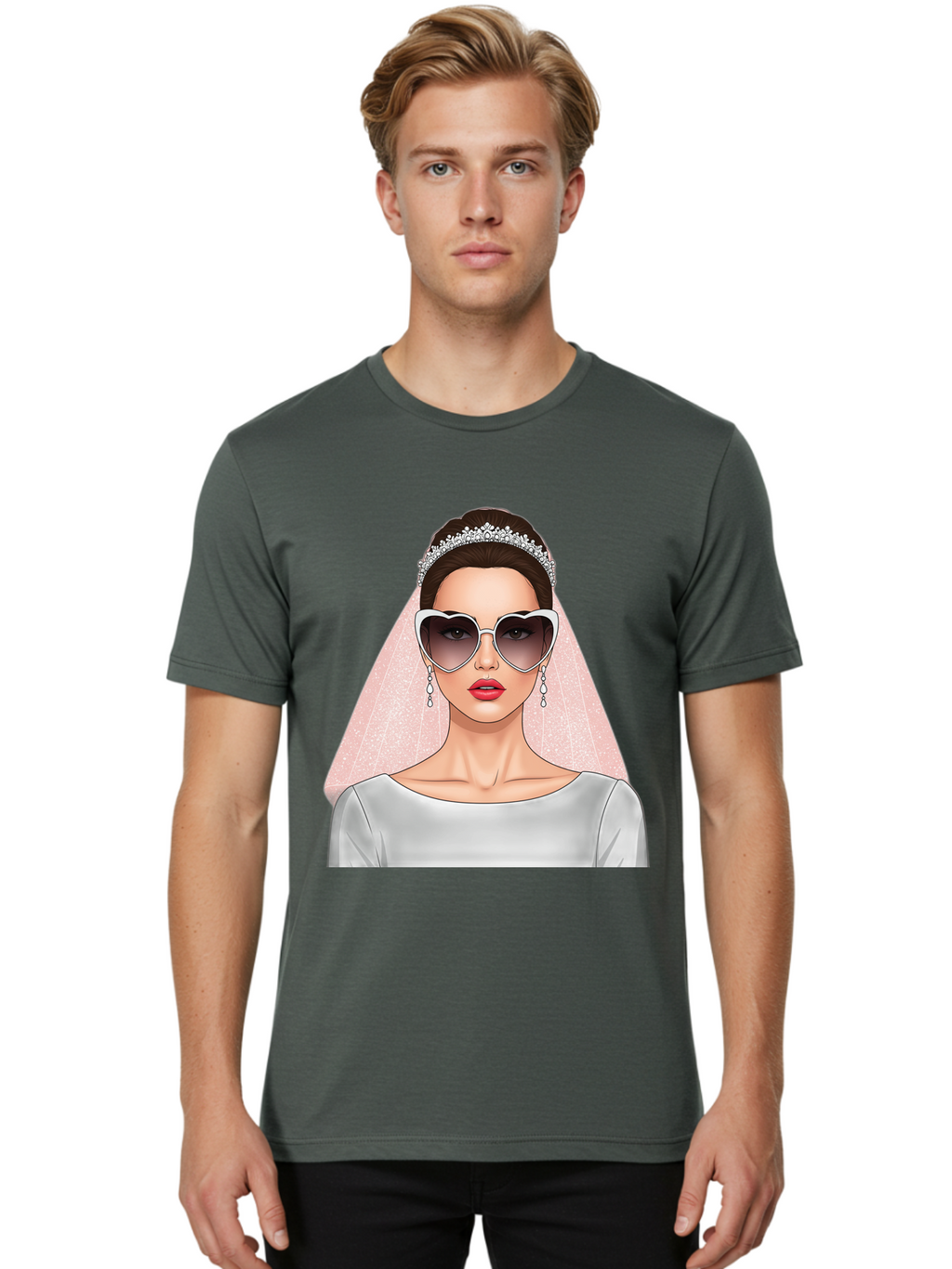 Bride-With-Sunglasses Men'S Graphic Tee, 100% Cotton, Comfortable Casual Summer Wear, Machine Washable, Bride In Sunglasses, Wedding Fashion, Stylish Wedding Attire, Heart-Shaped Sunglasses, Elegant Wedding Look, Trendy Bridal Style, Baa233