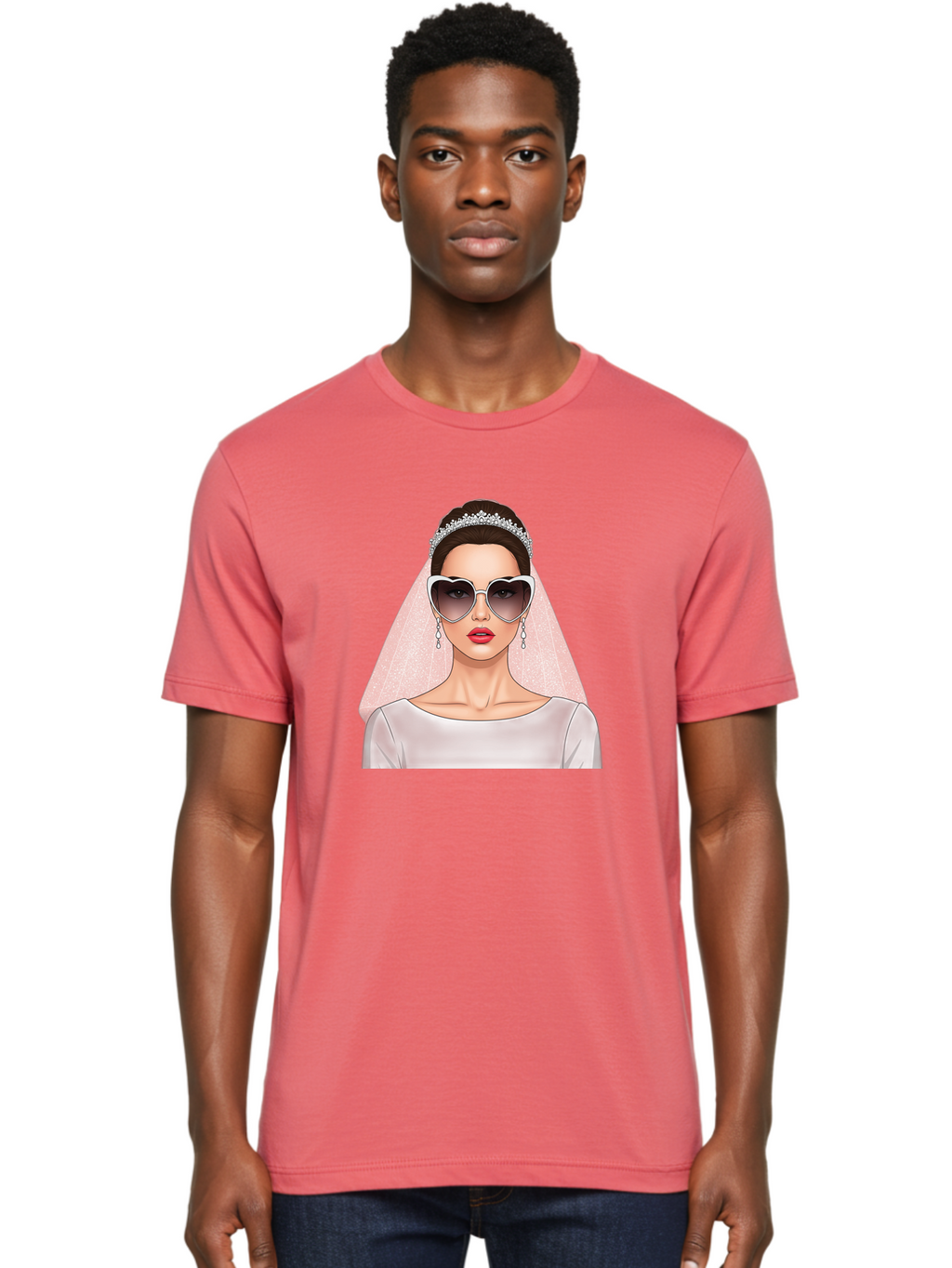 Bride-With-Sunglasses Men'S Graphic Tee, 100% Cotton, Comfortable Casual Summer Wear, Machine Washable, Bride In Sunglasses, Wedding Fashion, Stylish Wedding Attire, Heart-Shaped Sunglasses, Elegant Wedding Look, Trendy Bridal Style, Baa233