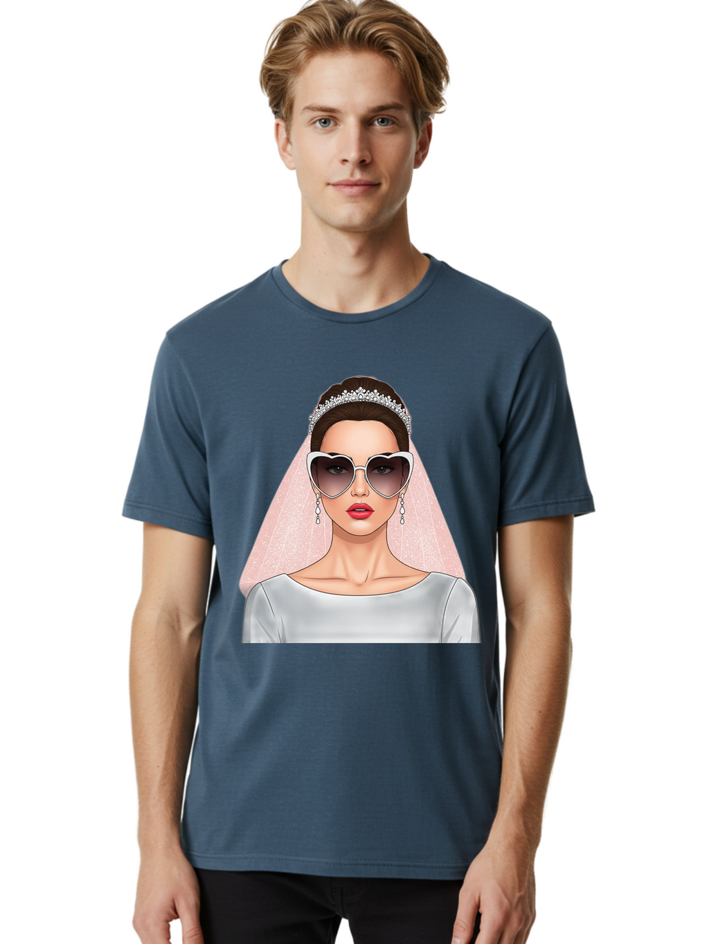 Bride-With-Sunglasses Men'S Graphic Tee, 100% Cotton, Comfortable Casual Summer Wear, Machine Washable, Bride In Sunglasses, Wedding Fashion, Stylish Wedding Attire, Heart-Shaped Sunglasses, Elegant Wedding Look, Trendy Bridal Style, Baa233