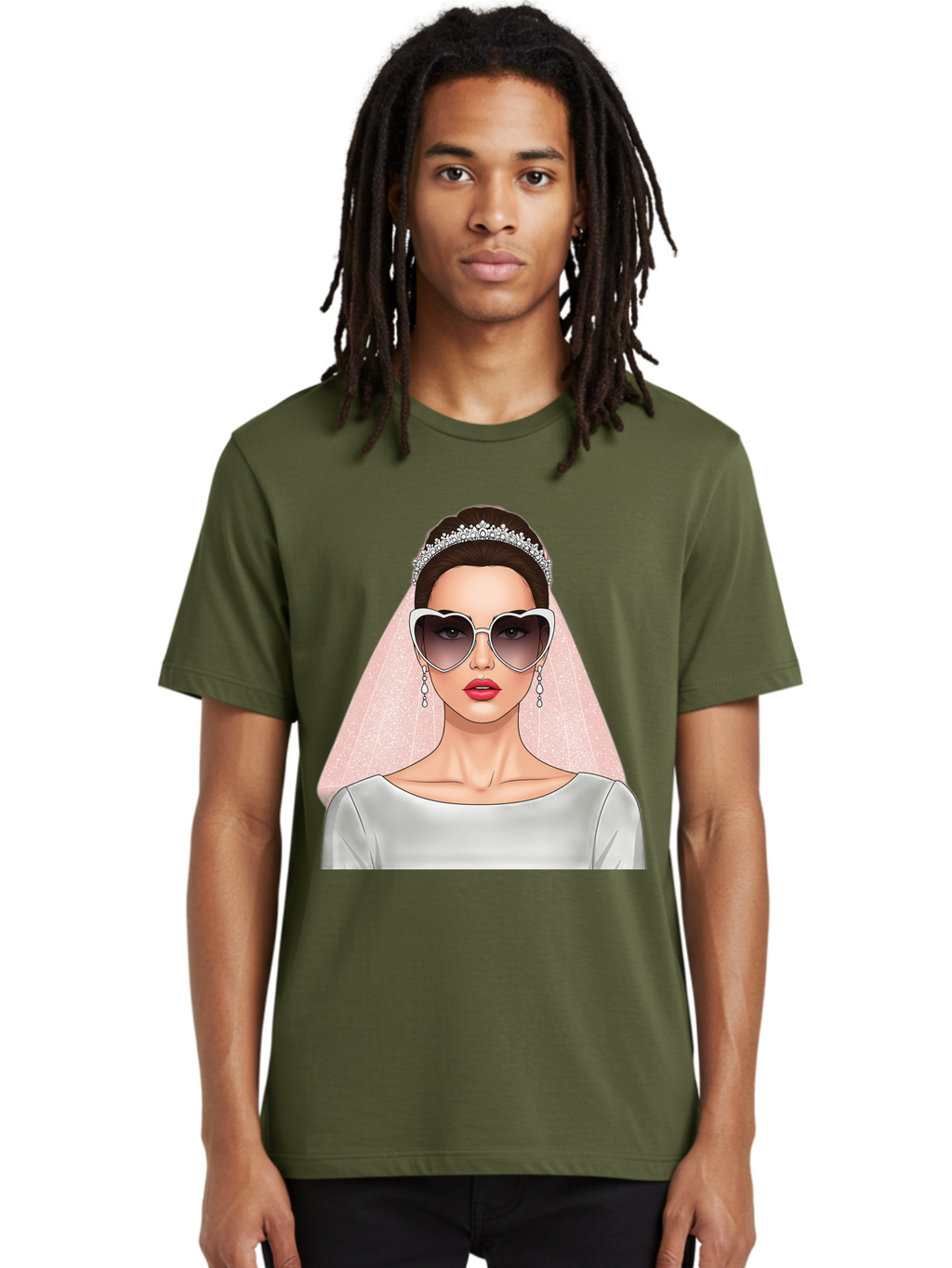 Bride-With-Sunglasses Men'S Graphic Tee, 100% Cotton, Comfortable Casual Summer Wear, Machine Washable, Bride In Sunglasses, Wedding Fashion, Stylish Wedding Attire, Heart-Shaped Sunglasses, Elegant Wedding Look, Trendy Bridal Style, Baa233