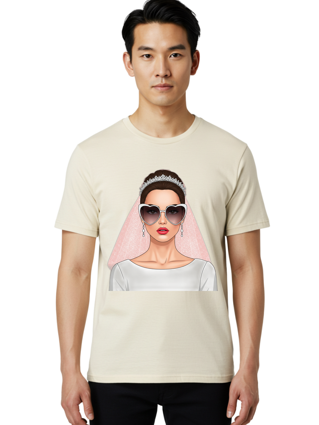 Bride-With-Sunglasses Men'S Graphic Tee, 100% Cotton, Comfortable Casual Summer Wear, Machine Washable, Bride In Sunglasses, Wedding Fashion, Stylish Wedding Attire, Heart-Shaped Sunglasses, Elegant Wedding Look, Trendy Bridal Style, Baa233