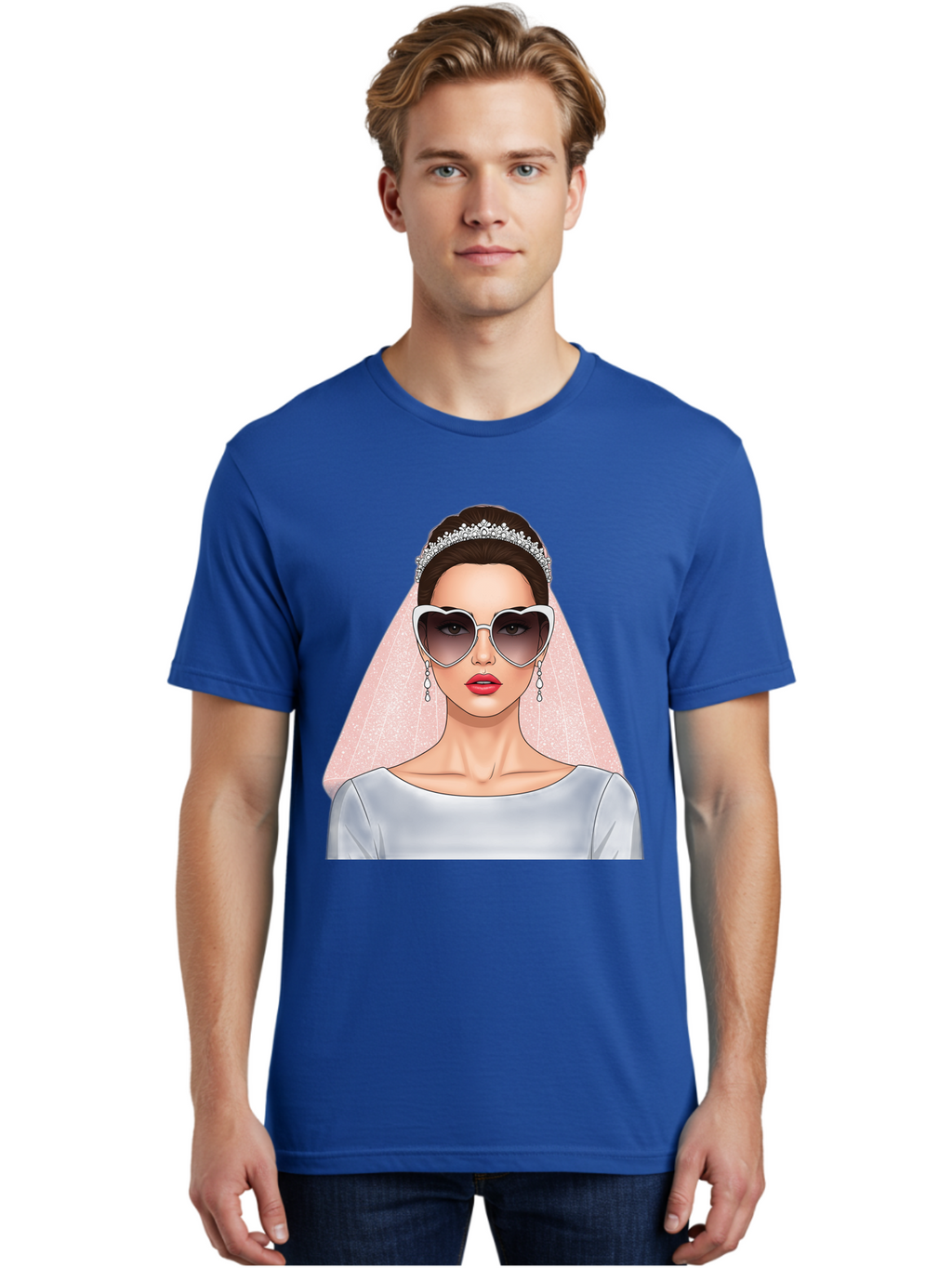 Bride-With-Sunglasses Men'S Graphic Tee, 100% Cotton, Comfortable Casual Summer Wear, Machine Washable, Bride In Sunglasses, Wedding Fashion, Stylish Wedding Attire, Heart-Shaped Sunglasses, Elegant Wedding Look, Trendy Bridal Style, Baa233