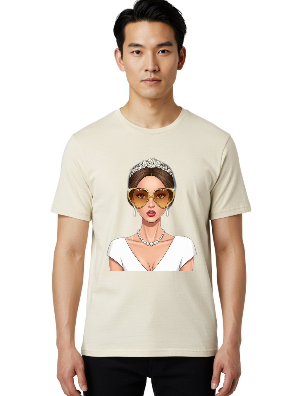 Bride Men'S Graphic Tee, 100% Cotton, Comfortable Casual Summer Wear, Machine Washable, Bride Avatar, White Wedding Dress, Heart-Shaped Sunglasses, Pearl Necklace, Elegant Attire, Glamorous Accessories, Fashionable Design, Luxury Style, Baa234