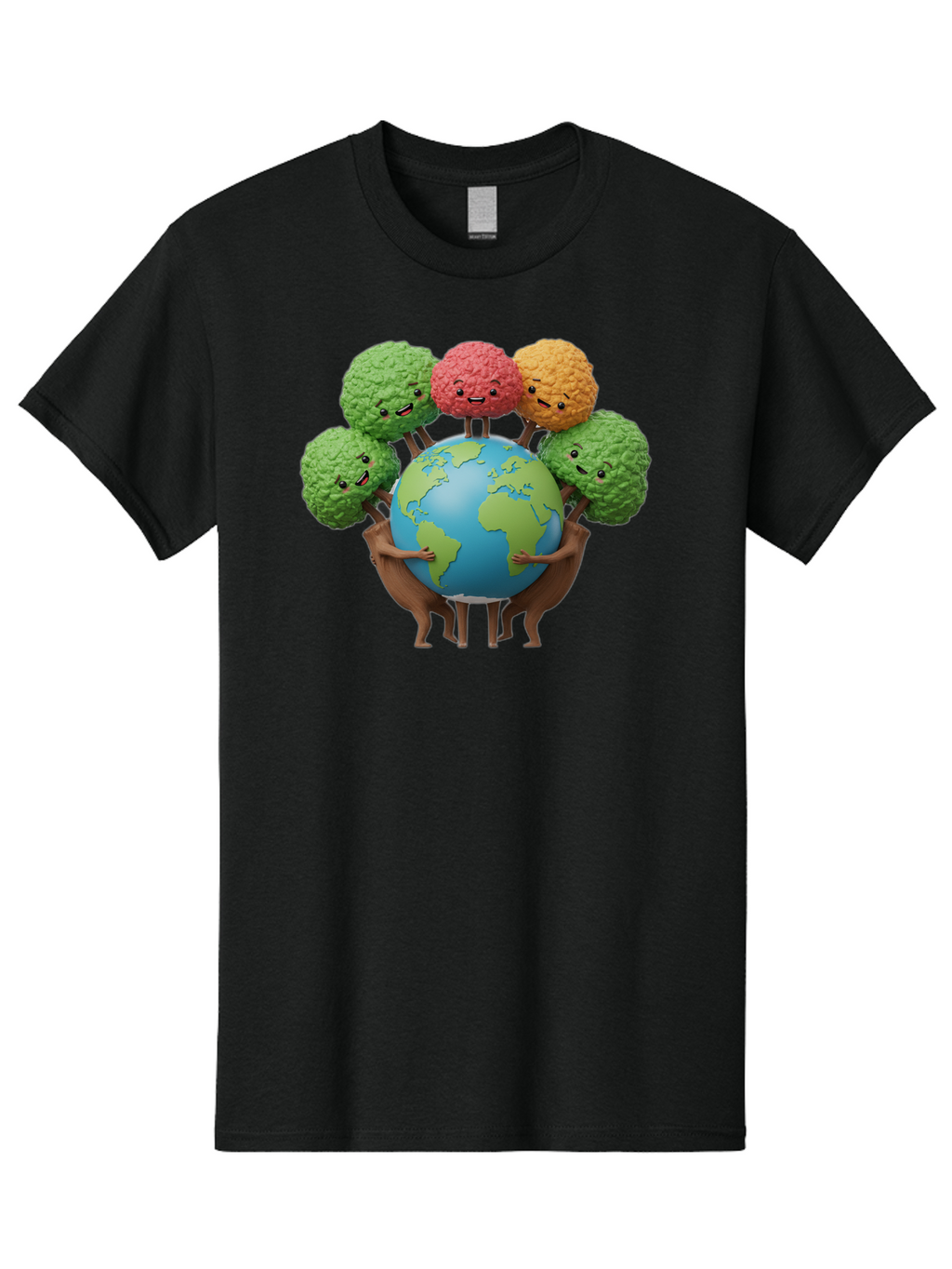 Broccoli-Earth Men'S Graphic Tee, 100% Cotton, Comfortable Casual Summer Wear, Machine Washable, Broccoli Characters, Diverse Vegetables, Happy Faces, Global Unity, Earth Support, Environmental Care, Cartoon Style, Green Earth, Varied Colors Baa235