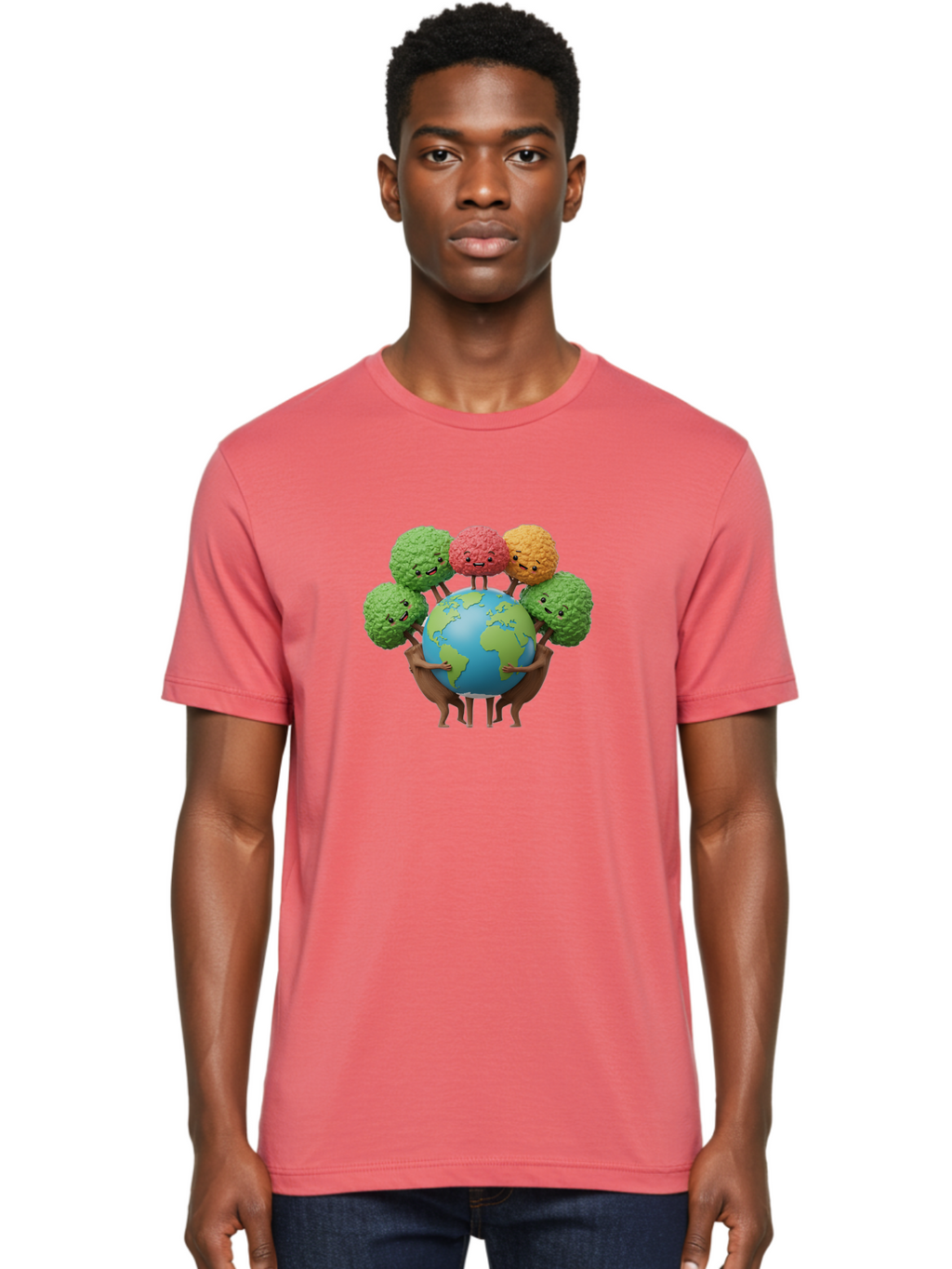 Broccoli-Earth Men'S Graphic Tee, 100% Cotton, Comfortable Casual Summer Wear, Machine Washable, Broccoli Characters, Diverse Vegetables, Happy Faces, Global Unity, Earth Support, Environmental Care, Cartoon Style, Green Earth, Varied Colors Baa235