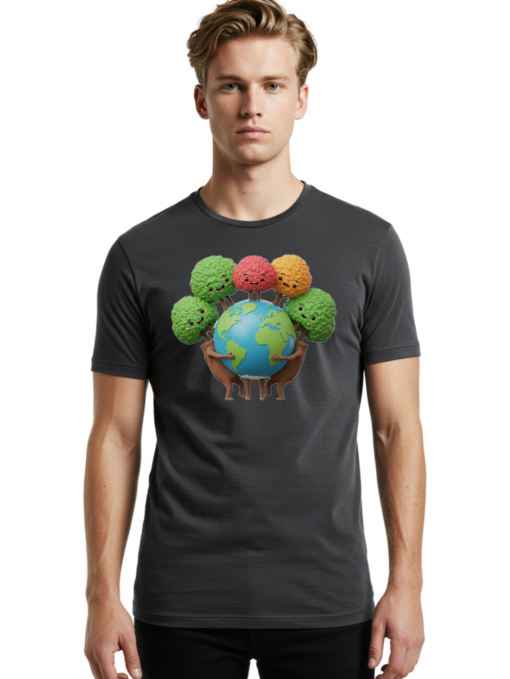 Broccoli-Earth Men'S Graphic Tee, 100% Cotton, Comfortable Casual Summer Wear, Machine Washable, Broccoli Characters, Diverse Vegetables, Happy Faces, Global Unity, Earth Support, Environmental Care, Cartoon Style, Green Earth, Varied Colors Baa235