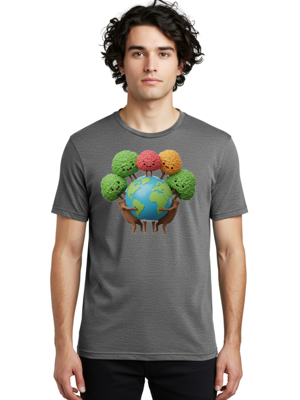 Broccoli-Earth Men'S Graphic Tee, 100% Cotton, Comfortable Casual Summer Wear, Machine Washable, Broccoli Characters, Diverse Vegetables, Happy Faces, Global Unity, Earth Support, Environmental Care, Cartoon Style, Green Earth, Varied Colors Baa235