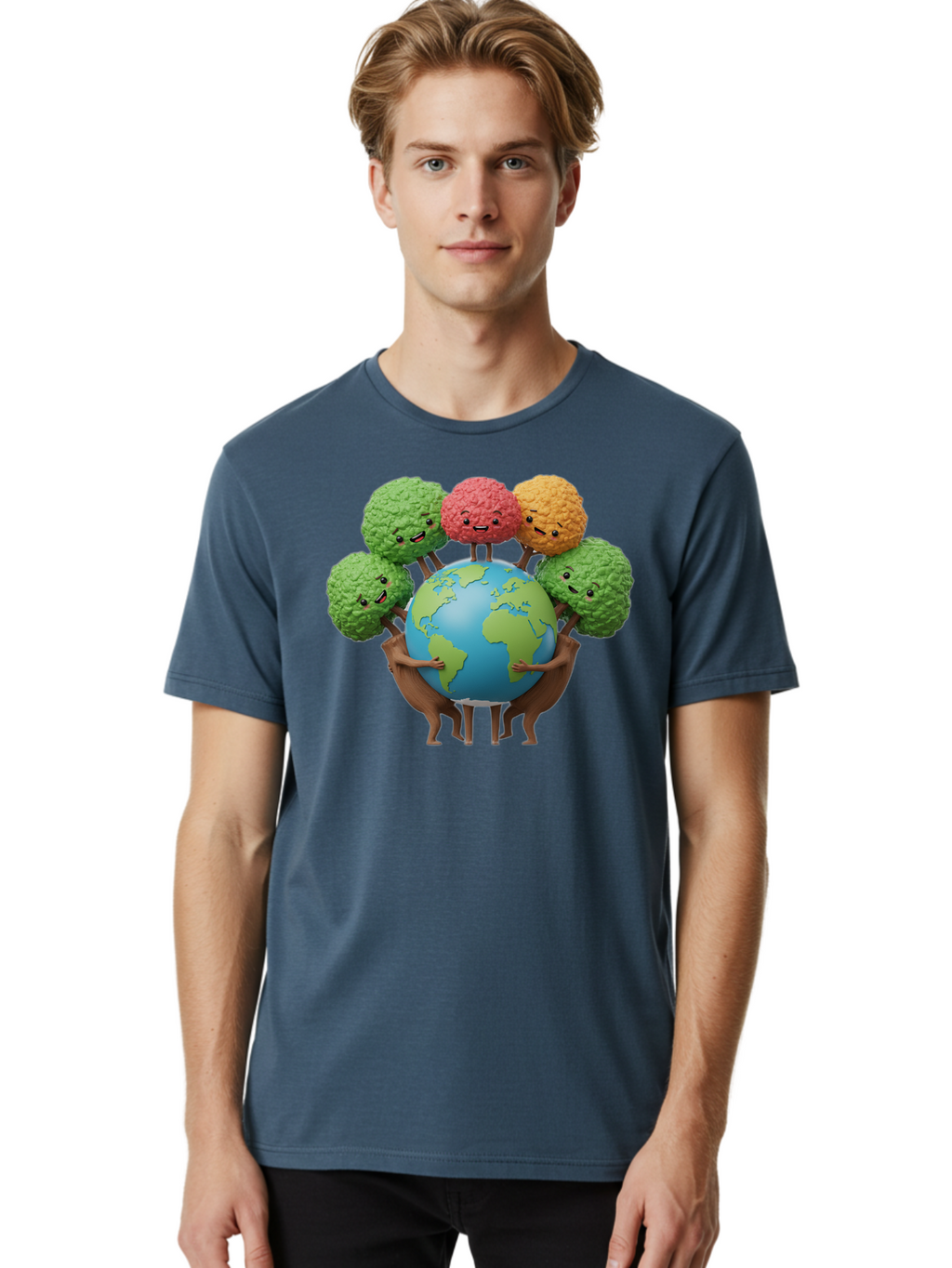 Broccoli-Earth Men'S Graphic Tee, 100% Cotton, Comfortable Casual Summer Wear, Machine Washable, Broccoli Characters, Diverse Vegetables, Happy Faces, Global Unity, Earth Support, Environmental Care, Cartoon Style, Green Earth, Varied Colors Baa235