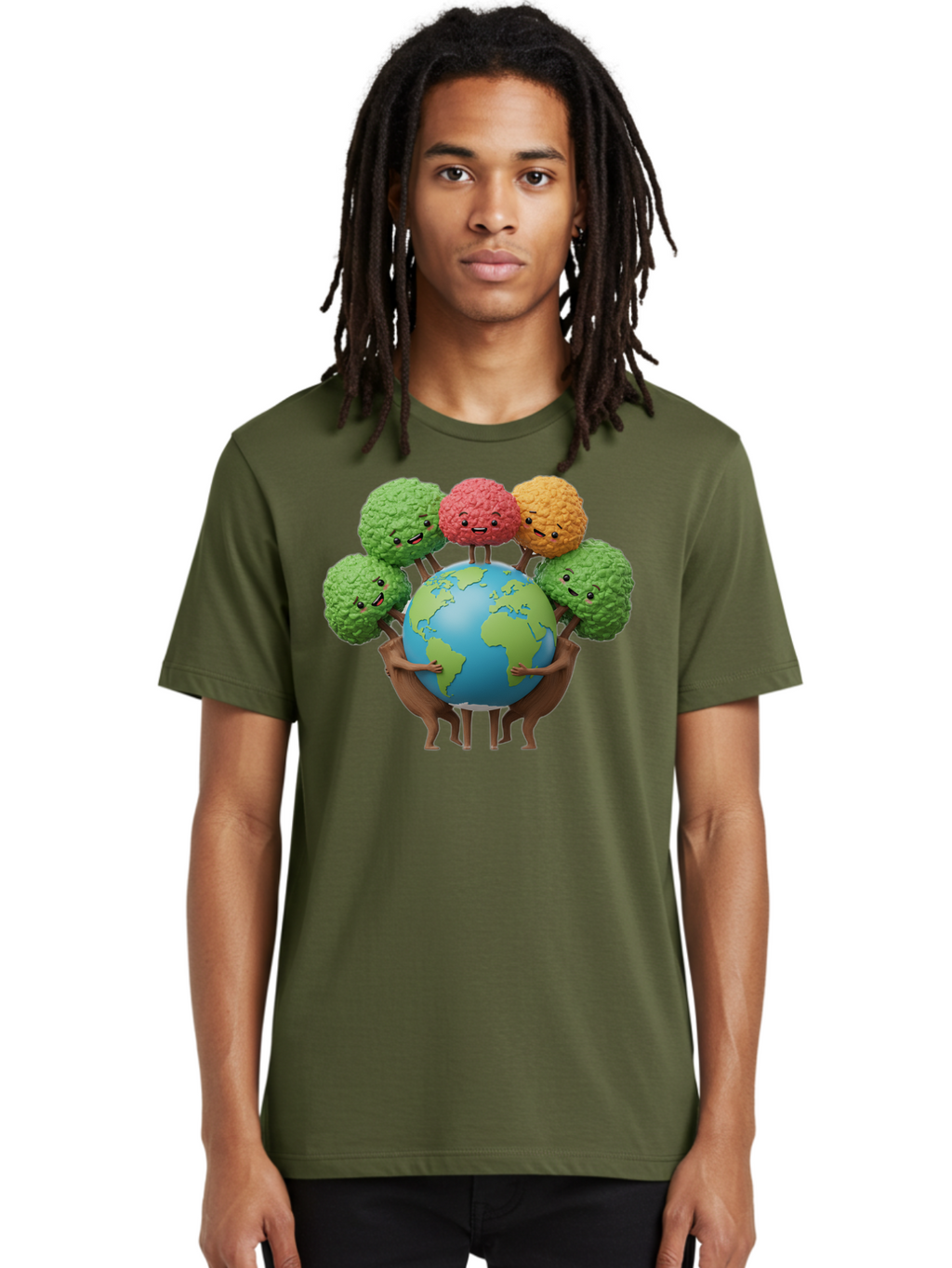 Broccoli-Earth Men'S Graphic Tee, 100% Cotton, Comfortable Casual Summer Wear, Machine Washable, Broccoli Characters, Diverse Vegetables, Happy Faces, Global Unity, Earth Support, Environmental Care, Cartoon Style, Green Earth, Varied Colors Baa235