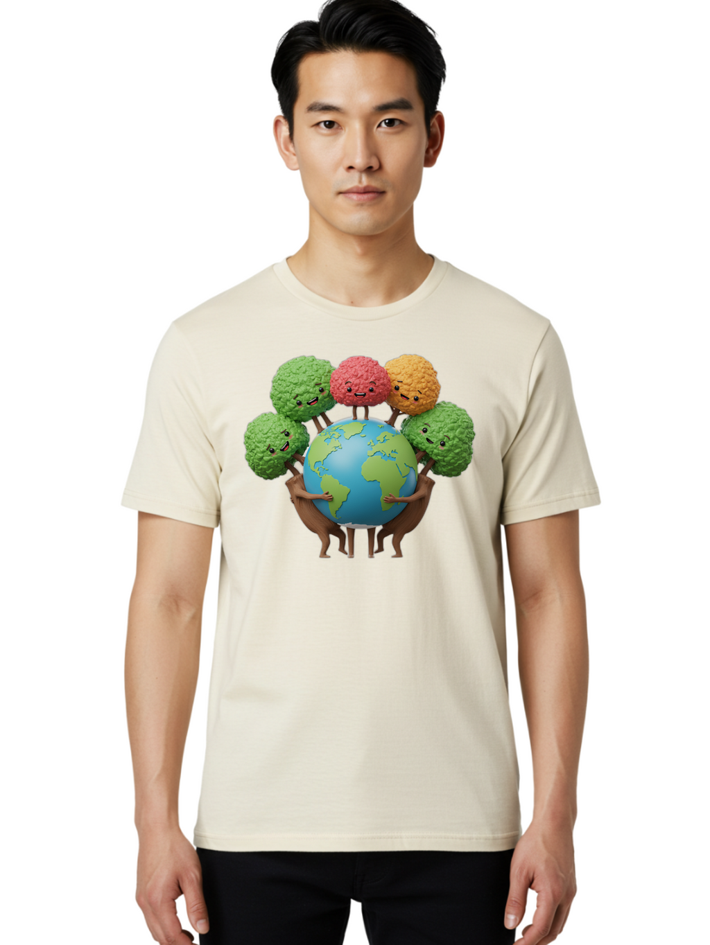 Broccoli-Earth Men'S Graphic Tee, 100% Cotton, Comfortable Casual Summer Wear, Machine Washable, Broccoli Characters, Diverse Vegetables, Happy Faces, Global Unity, Earth Support, Environmental Care, Cartoon Style, Green Earth, Varied Colors Baa235