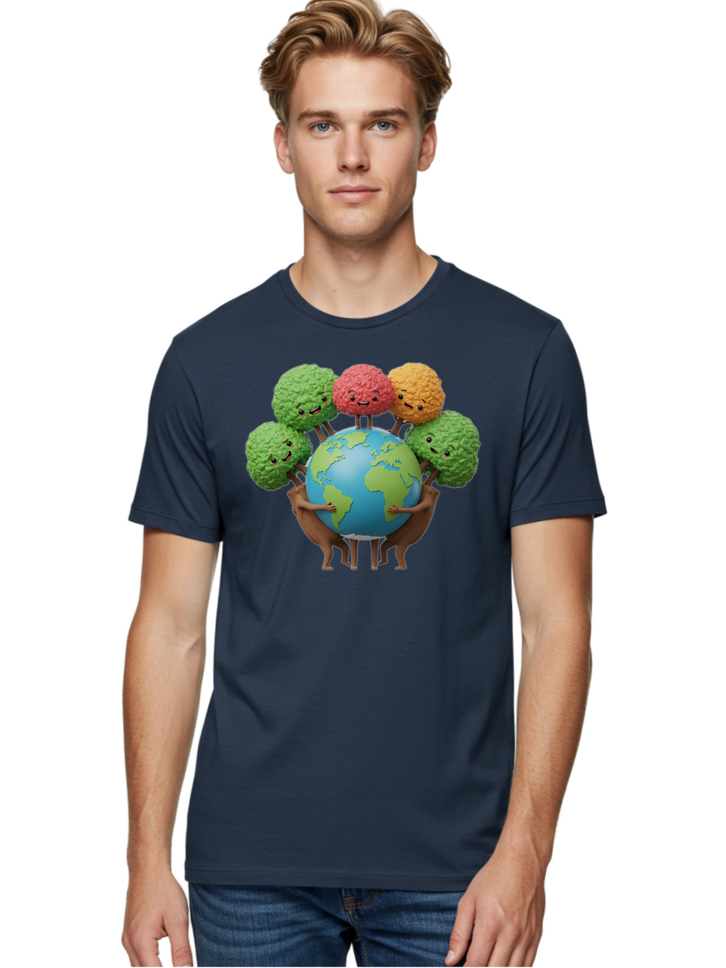 Broccoli-Earth Men'S Graphic Tee, 100% Cotton, Comfortable Casual Summer Wear, Machine Washable, Broccoli Characters, Diverse Vegetables, Happy Faces, Global Unity, Earth Support, Environmental Care, Cartoon Style, Green Earth, Varied Colors Baa235