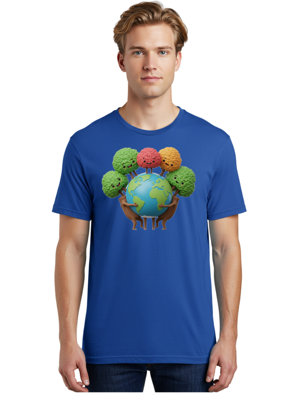 Broccoli-Earth Men'S Graphic Tee, 100% Cotton, Comfortable Casual Summer Wear, Machine Washable, Broccoli Characters, Diverse Vegetables, Happy Faces, Global Unity, Earth Support, Environmental Care, Cartoon Style, Green Earth, Varied Colors Baa235