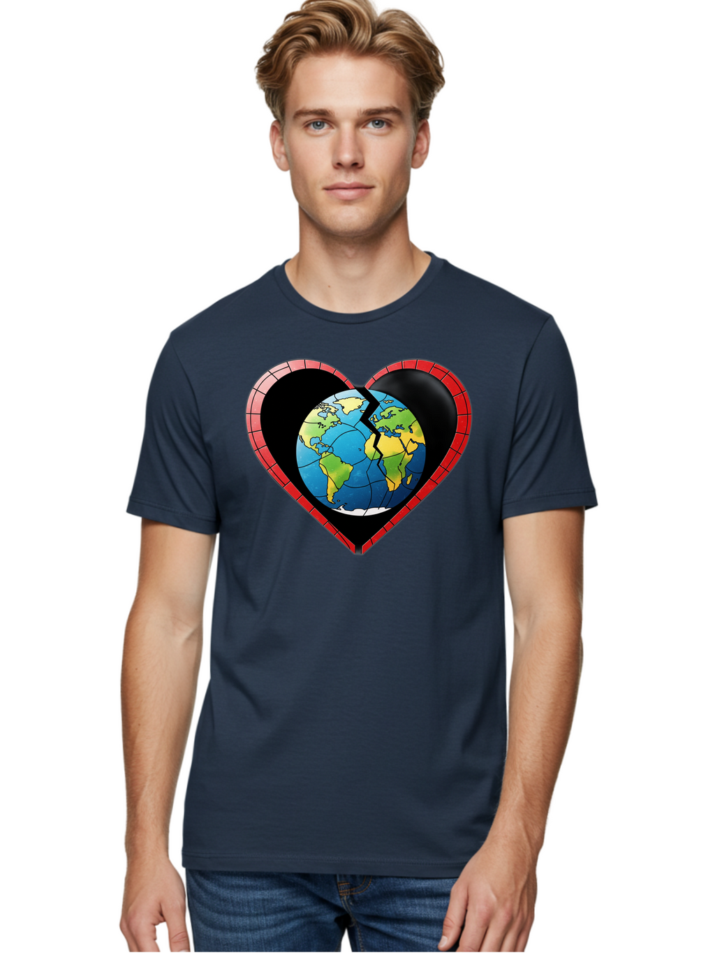 Broken-Heart-Earth Men'S Graphic Tee, 100% Cotton, Comfortable Casual Summer Wear, Machine Washable, Heart-Shaped Earth, Broken Earth, Fractured Globe, Cracked Heart, World Map, Earth Love, Environmental Concern, Global Unity Baa237
