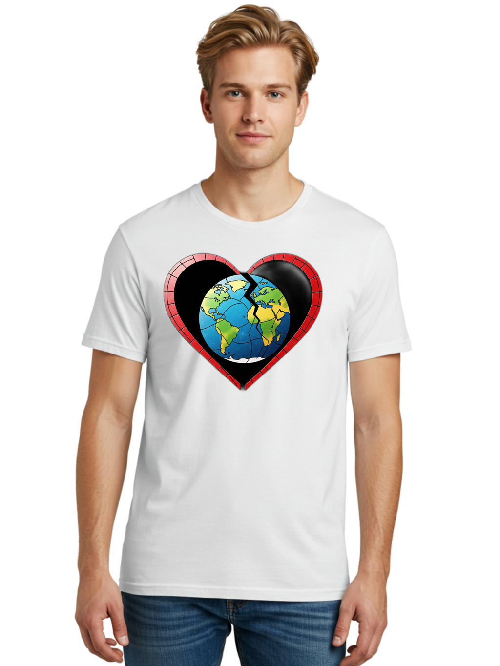 Broken-Heart-Earth Men'S Graphic Tee, 100% Cotton, Comfortable Casual Summer Wear, Machine Washable, Heart-Shaped Earth, Broken Earth, Fractured Globe, Cracked Heart, World Map, Earth Love, Environmental Concern, Global Unity Baa237