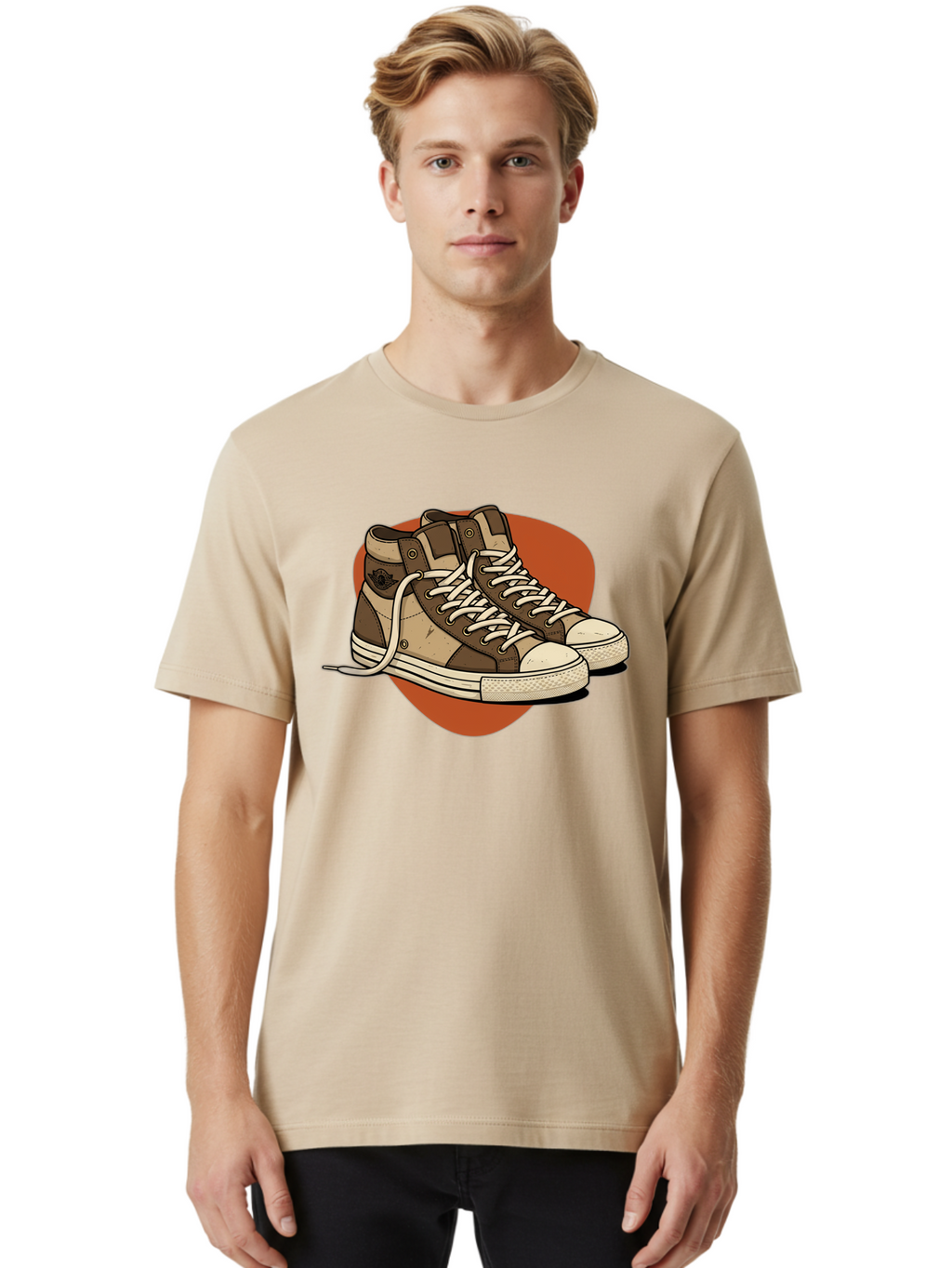 Brown-Converse-Sneakers Men'S Graphic Tee, 100% Cotton, Comfortable Casual Summer Wear, Machine Washable, Converse Shoes, High-Top Sneakers, Brown And Tan Sneakers, Casual Footwear, Fashion Sneakers, Streetwear Style, Laced Shoes, Baa238