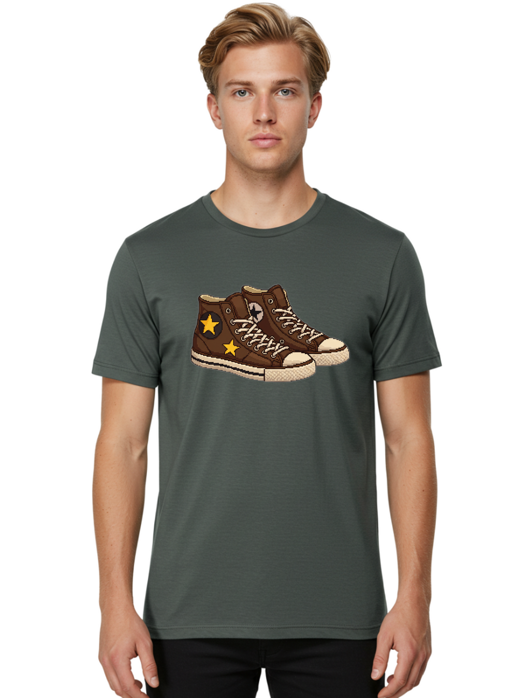 Brown-Converse Men'S Graphic Tee, 100% Cotton, Comfortable Casual Summer Wear, Machine Washable, Brown Converse Shoes, High-Top Sneakers, Yellow Stars, White Laces, Casual Footwear, Streetwear Fashion, Skateboarding Shoes, Comfortable Kicks Baa239