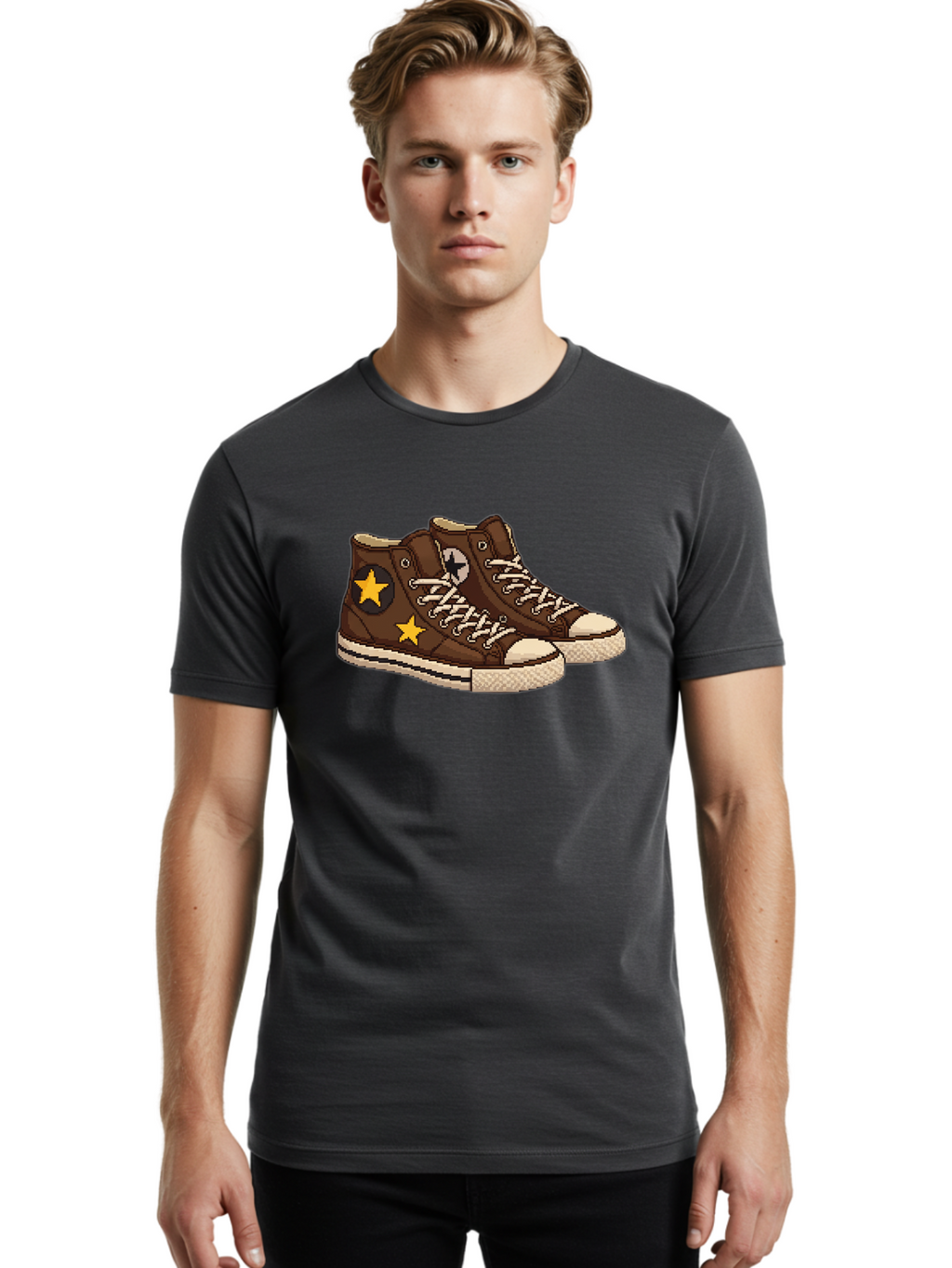 Brown-Converse Men'S Graphic Tee, 100% Cotton, Comfortable Casual Summer Wear, Machine Washable, Brown Converse Shoes, High-Top Sneakers, Yellow Stars, White Laces, Casual Footwear, Streetwear Fashion, Skateboarding Shoes, Comfortable Kicks Baa239
