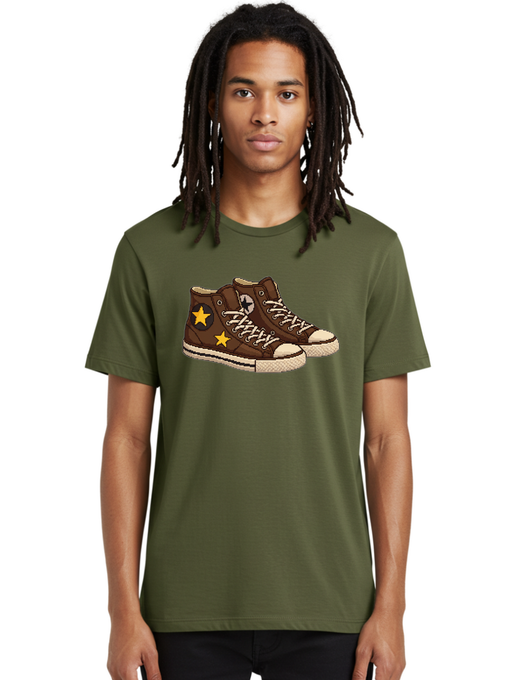 Brown-Converse Men'S Graphic Tee, 100% Cotton, Comfortable Casual Summer Wear, Machine Washable, Brown Converse Shoes, High-Top Sneakers, Yellow Stars, White Laces, Casual Footwear, Streetwear Fashion, Skateboarding Shoes, Comfortable Kicks Baa239