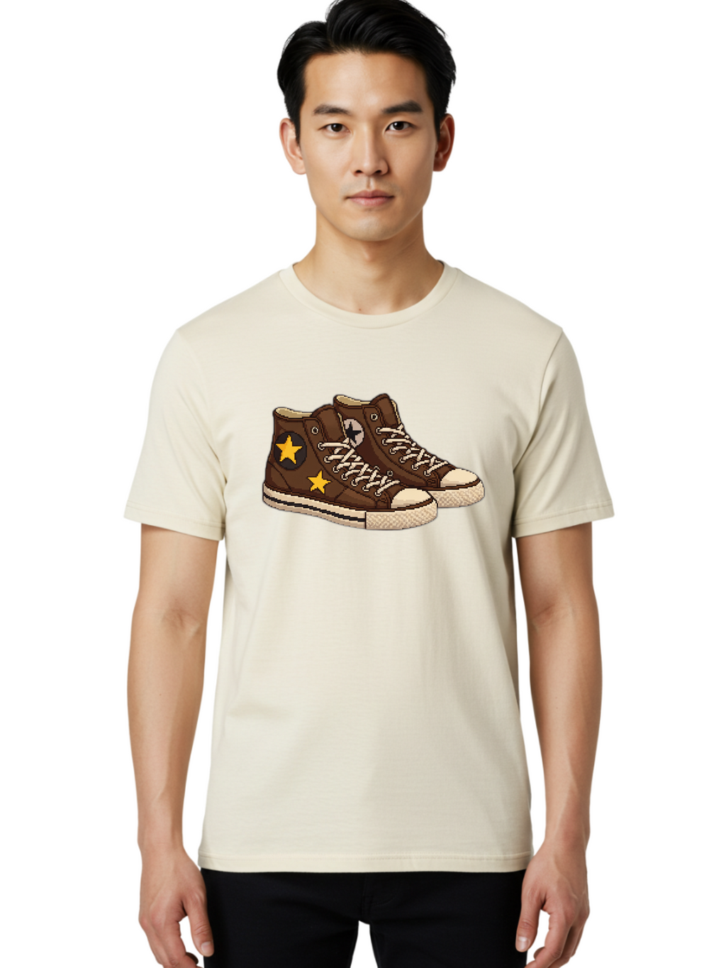 Brown-Converse Men'S Graphic Tee, 100% Cotton, Comfortable Casual Summer Wear, Machine Washable, Brown Converse Shoes, High-Top Sneakers, Yellow Stars, White Laces, Casual Footwear, Streetwear Fashion, Skateboarding Shoes, Comfortable Kicks Baa239
