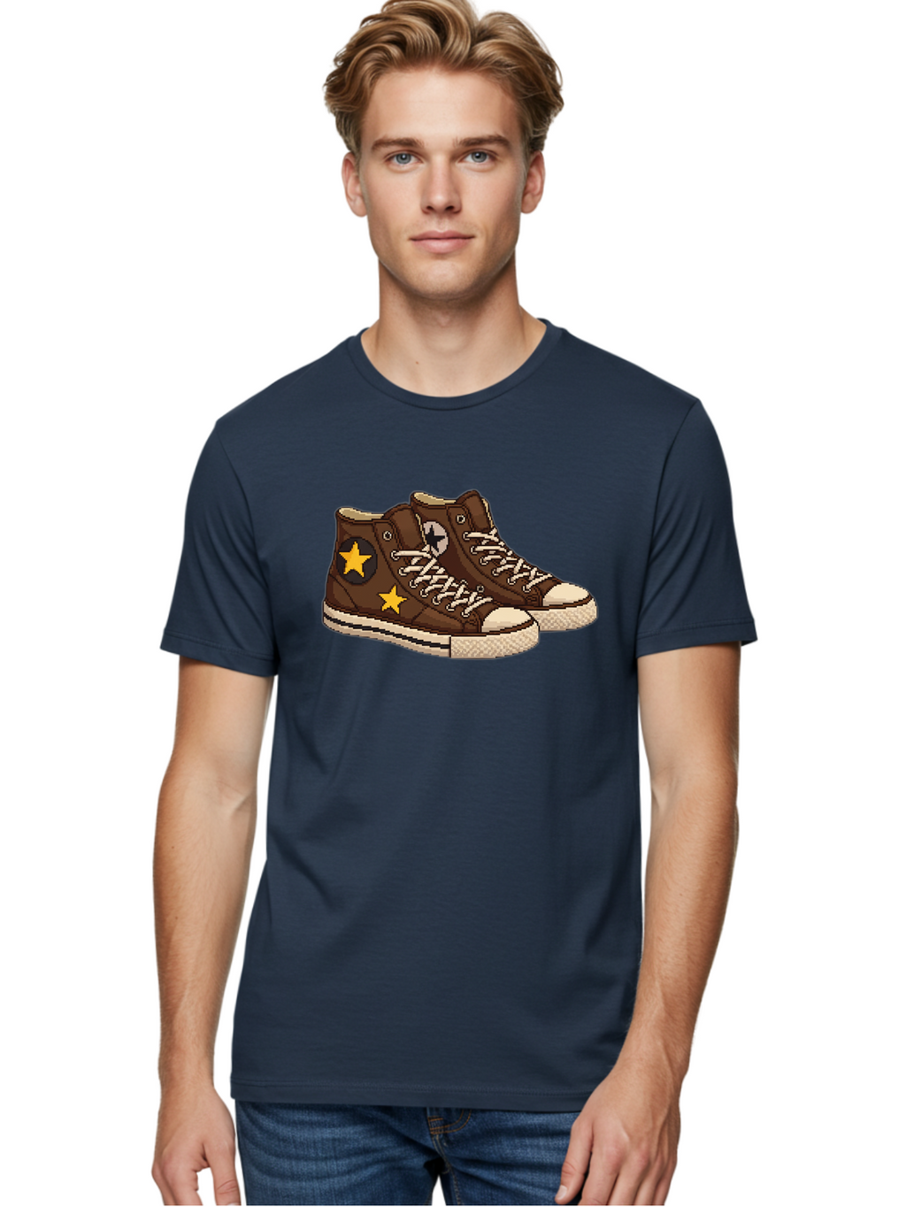 Brown-Converse Men'S Graphic Tee, 100% Cotton, Comfortable Casual Summer Wear, Machine Washable, Brown Converse Shoes, High-Top Sneakers, Yellow Stars, White Laces, Casual Footwear, Streetwear Fashion, Skateboarding Shoes, Comfortable Kicks Baa239