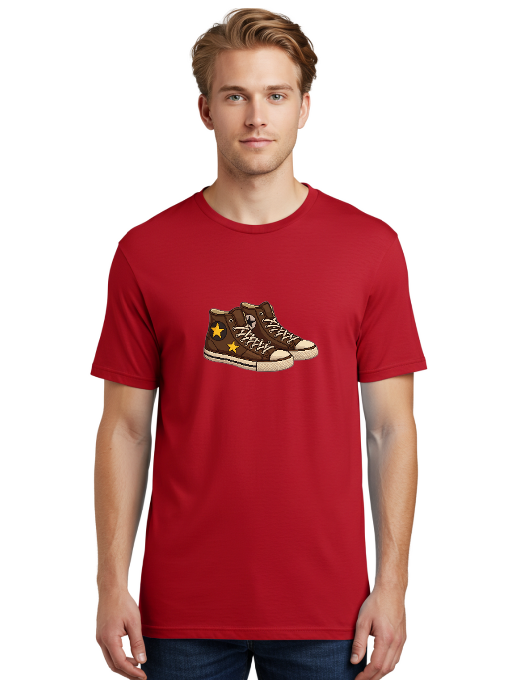 Brown-Converse Men'S Graphic Tee, 100% Cotton, Comfortable Casual Summer Wear, Machine Washable, Brown Converse Shoes, High-Top Sneakers, Yellow Stars, White Laces, Casual Footwear, Streetwear Fashion, Skateboarding Shoes, Comfortable Kicks Baa239