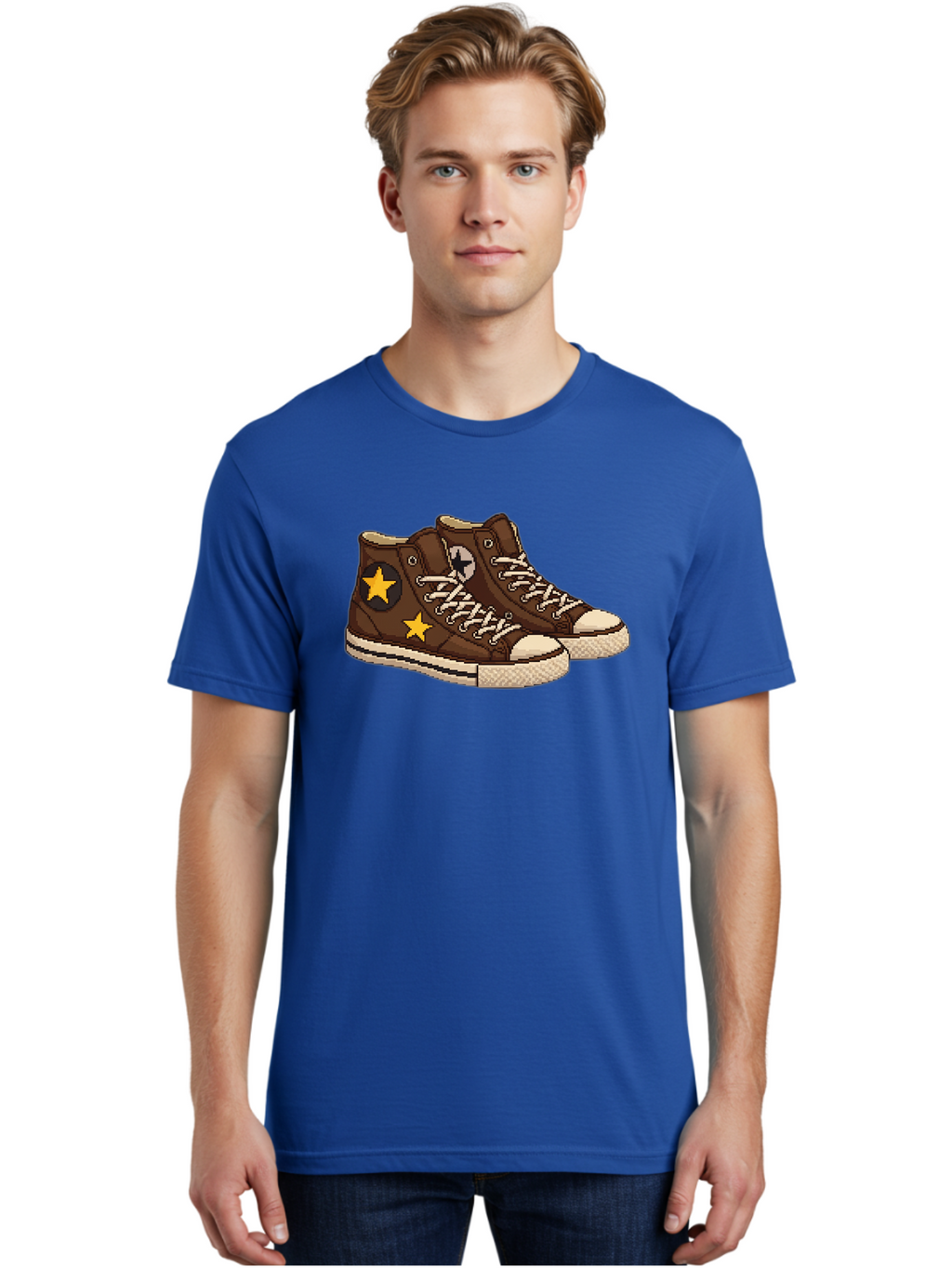 Brown-Converse Men'S Graphic Tee, 100% Cotton, Comfortable Casual Summer Wear, Machine Washable, Brown Converse Shoes, High-Top Sneakers, Yellow Stars, White Laces, Casual Footwear, Streetwear Fashion, Skateboarding Shoes, Comfortable Kicks Baa239