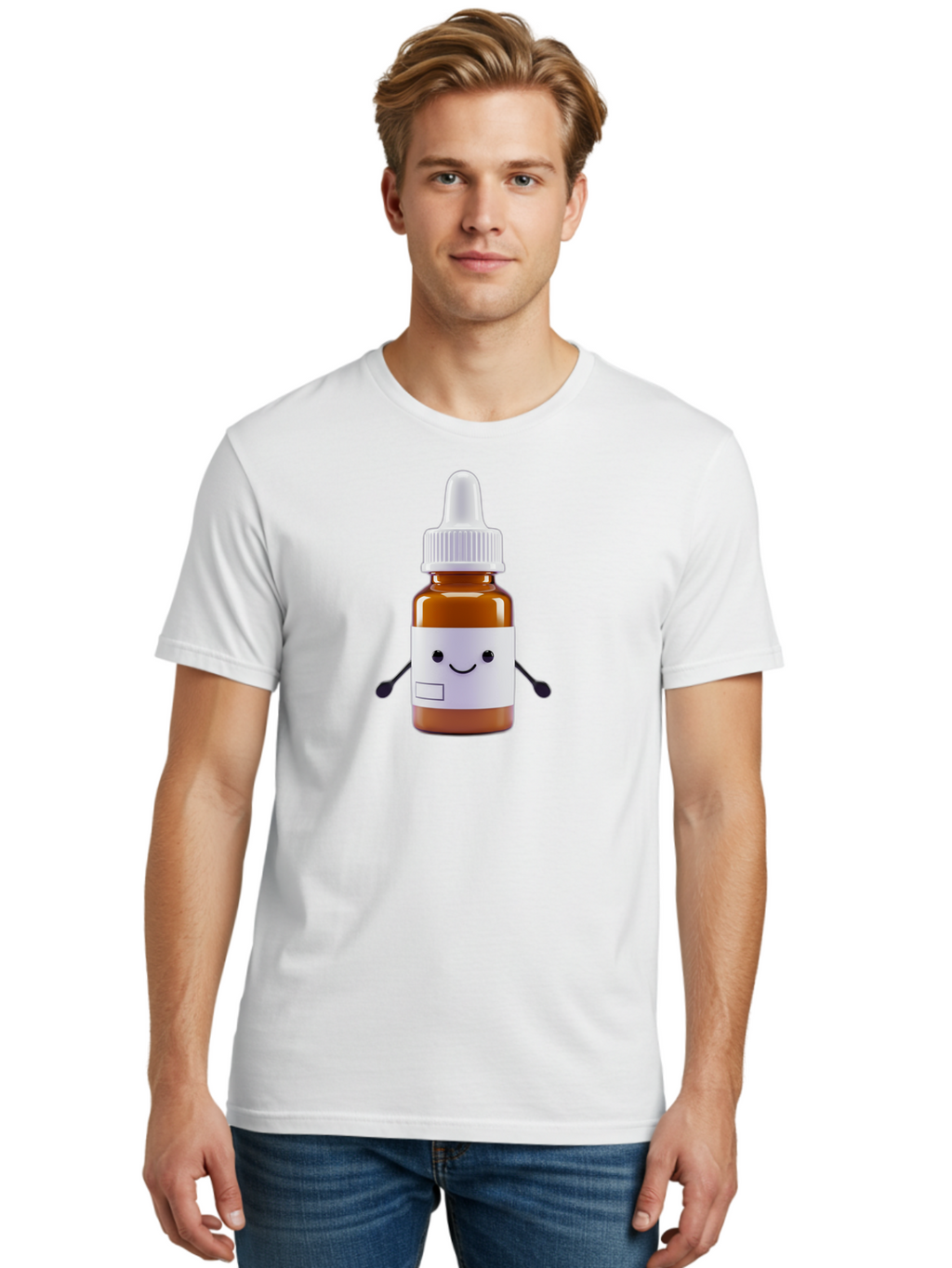 Brown-Medicine-Bottle-With-Smiley-Face Men'S Graphic Tee, 100% Cotton, Comfortable Casual Summer Wear, Machine Washable, Medicine Bottle With Smiley Face, Blank Label, Cute Medical Supplies, Humorous Healthcare, Quirky Medicine, Medical Humor, Baa240