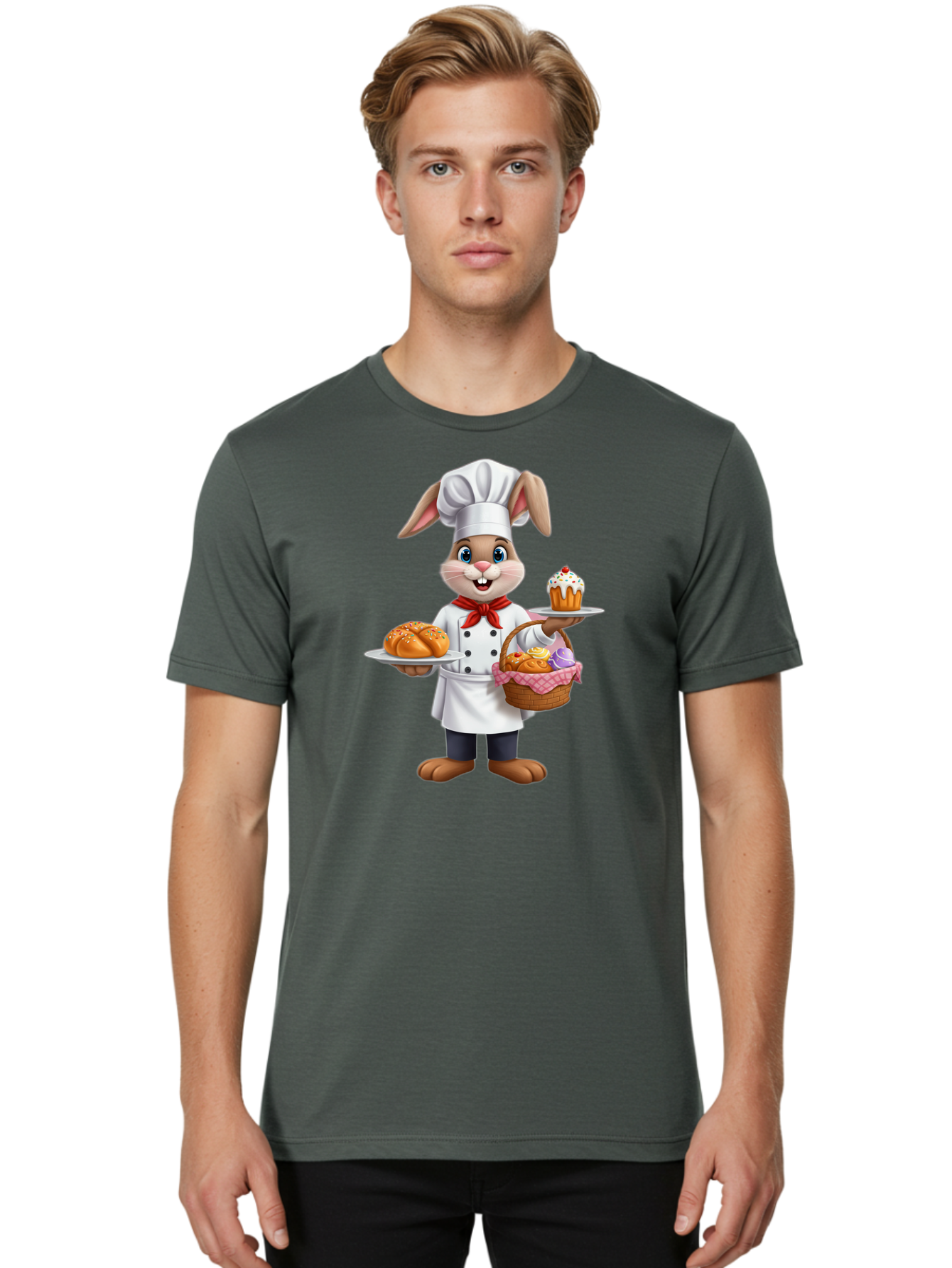 Bunny-Chef Men'S Graphic Tee, 100% Cotton, Comfortable Casual Summer Wear, Machine Washable, Cartoon Bunny Chef, Baked Goods, Cupcake, Bread, Basket Of Pastries, Chef Hat, Red Bow Tie, White Coat, Happy Expression, Easter Theme, Bakery Items Baa241