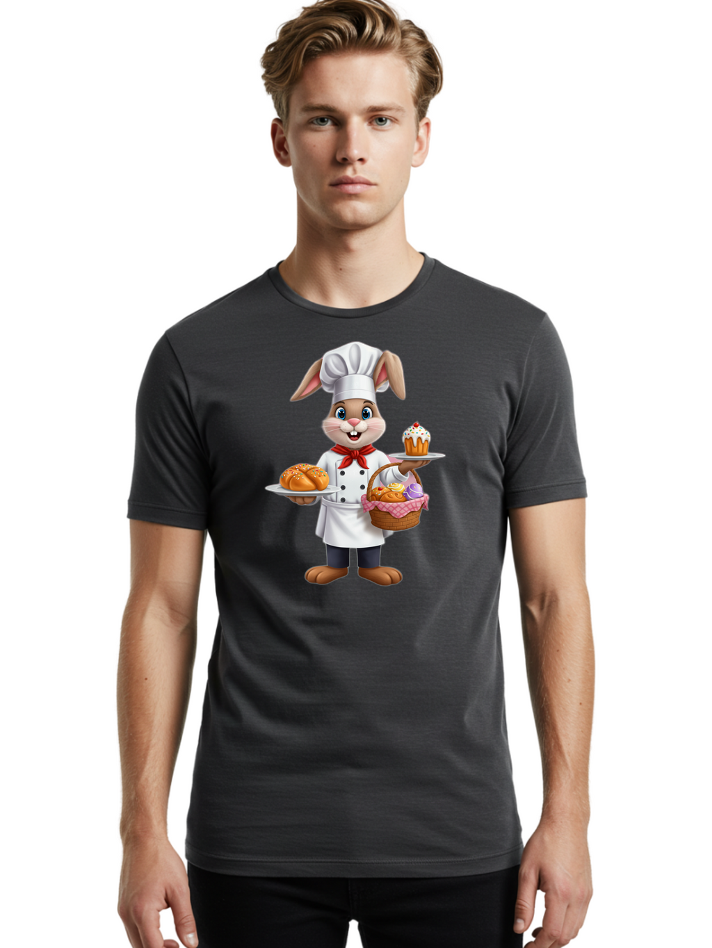 Bunny-Chef Men'S Graphic Tee, 100% Cotton, Comfortable Casual Summer Wear, Machine Washable, Cartoon Bunny Chef, Baked Goods, Cupcake, Bread, Basket Of Pastries, Chef Hat, Red Bow Tie, White Coat, Happy Expression, Easter Theme, Bakery Items Baa241