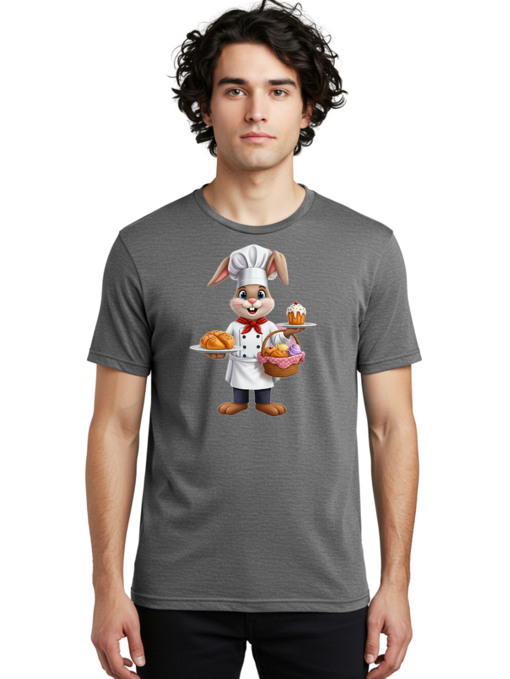 Bunny-Chef Men'S Graphic Tee, 100% Cotton, Comfortable Casual Summer Wear, Machine Washable, Cartoon Bunny Chef, Baked Goods, Cupcake, Bread, Basket Of Pastries, Chef Hat, Red Bow Tie, White Coat, Happy Expression, Easter Theme, Bakery Items Baa241