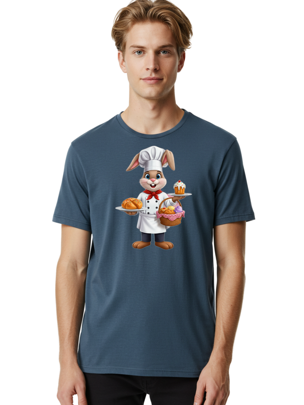 Bunny-Chef Men'S Graphic Tee, 100% Cotton, Comfortable Casual Summer Wear, Machine Washable, Cartoon Bunny Chef, Baked Goods, Cupcake, Bread, Basket Of Pastries, Chef Hat, Red Bow Tie, White Coat, Happy Expression, Easter Theme, Bakery Items Baa241