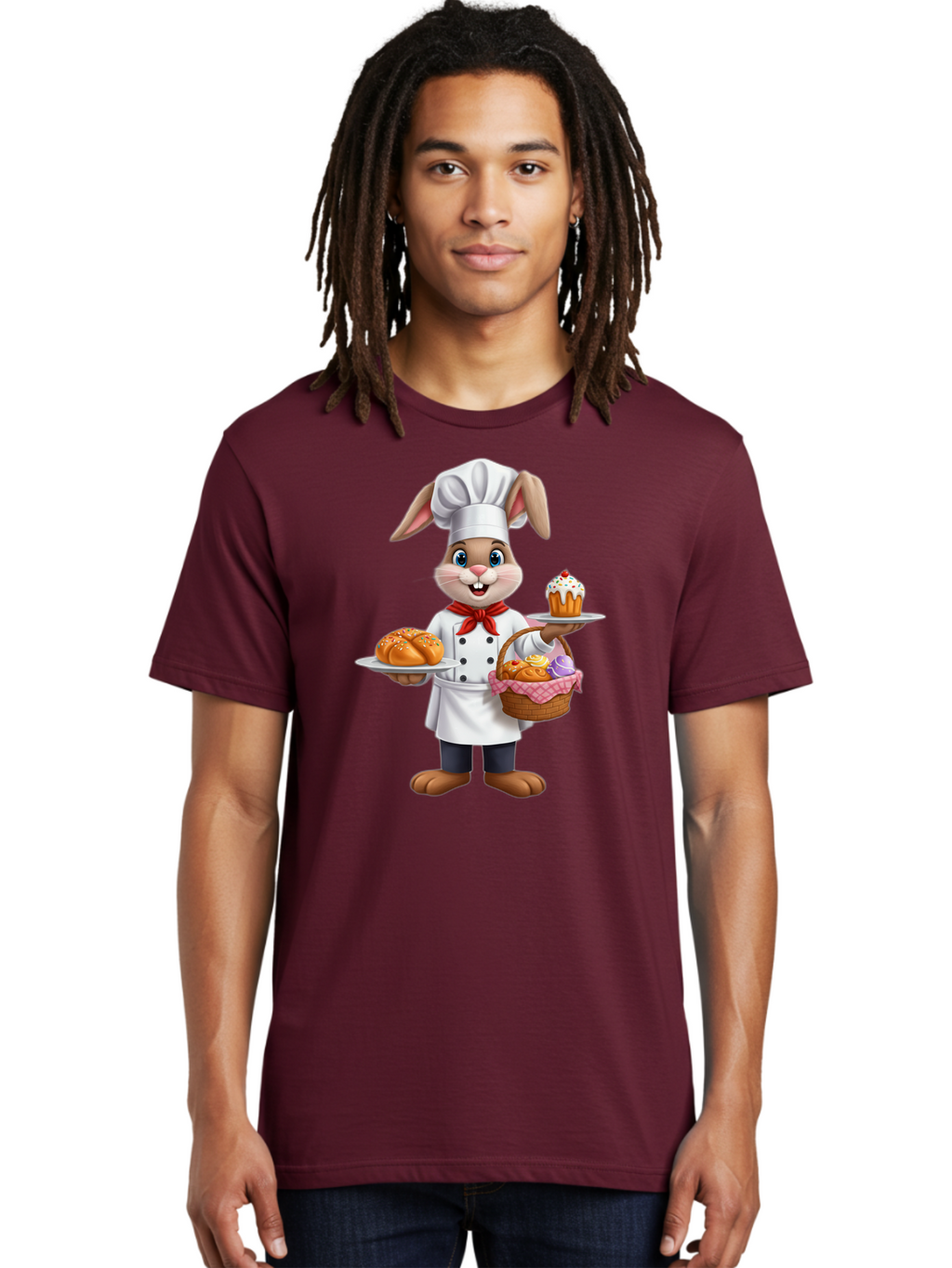 Bunny-Chef Men'S Graphic Tee, 100% Cotton, Comfortable Casual Summer Wear, Machine Washable, Cartoon Bunny Chef, Baked Goods, Cupcake, Bread, Basket Of Pastries, Chef Hat, Red Bow Tie, White Coat, Happy Expression, Easter Theme, Bakery Items Baa241