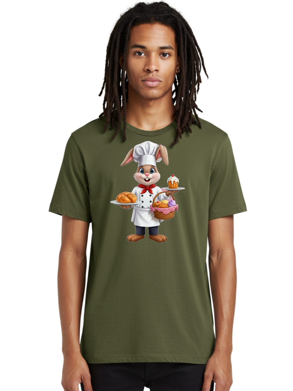 Bunny-Chef Men'S Graphic Tee, 100% Cotton, Comfortable Casual Summer Wear, Machine Washable, Cartoon Bunny Chef, Baked Goods, Cupcake, Bread, Basket Of Pastries, Chef Hat, Red Bow Tie, White Coat, Happy Expression, Easter Theme, Bakery Items Baa241