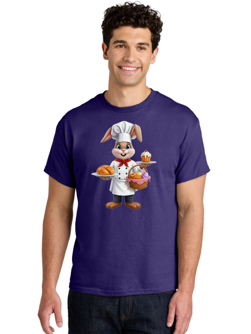 Bunny-Chef Men'S Graphic Tee, 100% Cotton, Comfortable Casual Summer Wear, Machine Washable, Cartoon Bunny Chef, Baked Goods, Cupcake, Bread, Basket Of Pastries, Chef Hat, Red Bow Tie, White Coat, Happy Expression, Easter Theme, Bakery Items Baa241