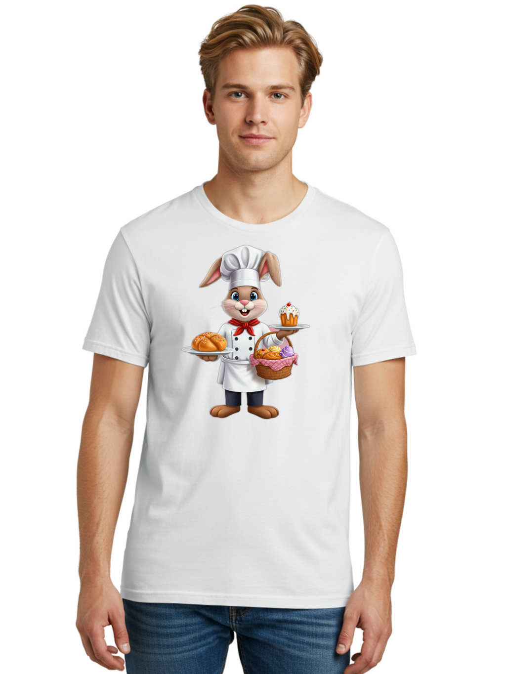 Bunny-Chef Men'S Graphic Tee, 100% Cotton, Comfortable Casual Summer Wear, Machine Washable, Cartoon Bunny Chef, Baked Goods, Cupcake, Bread, Basket Of Pastries, Chef Hat, Red Bow Tie, White Coat, Happy Expression, Easter Theme, Bakery Items Baa241