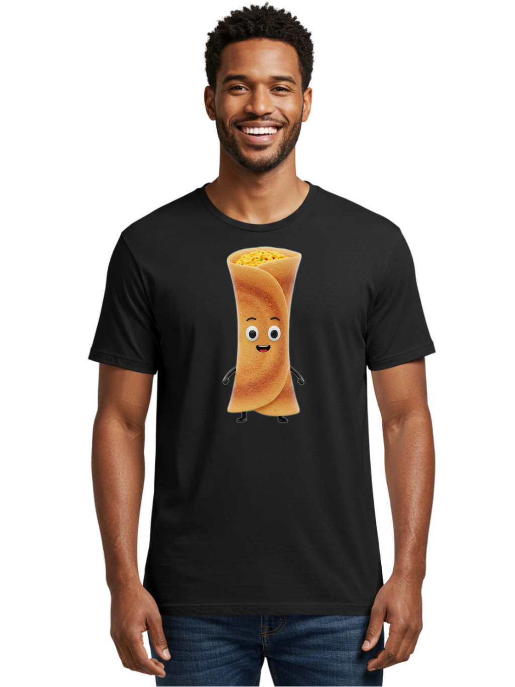 Burrito-Character Men'S Graphic Tee, 100% Cotton, Comfortable Casual Summer Wear, Machine Washable, Cartoon Burrito, Smiling Face, Eyes, Eyebrows, Mouth, Stuffed With Yellow Filling, Mexican Food, Animated Character, Funny, Playful, Foodie, Baa243
