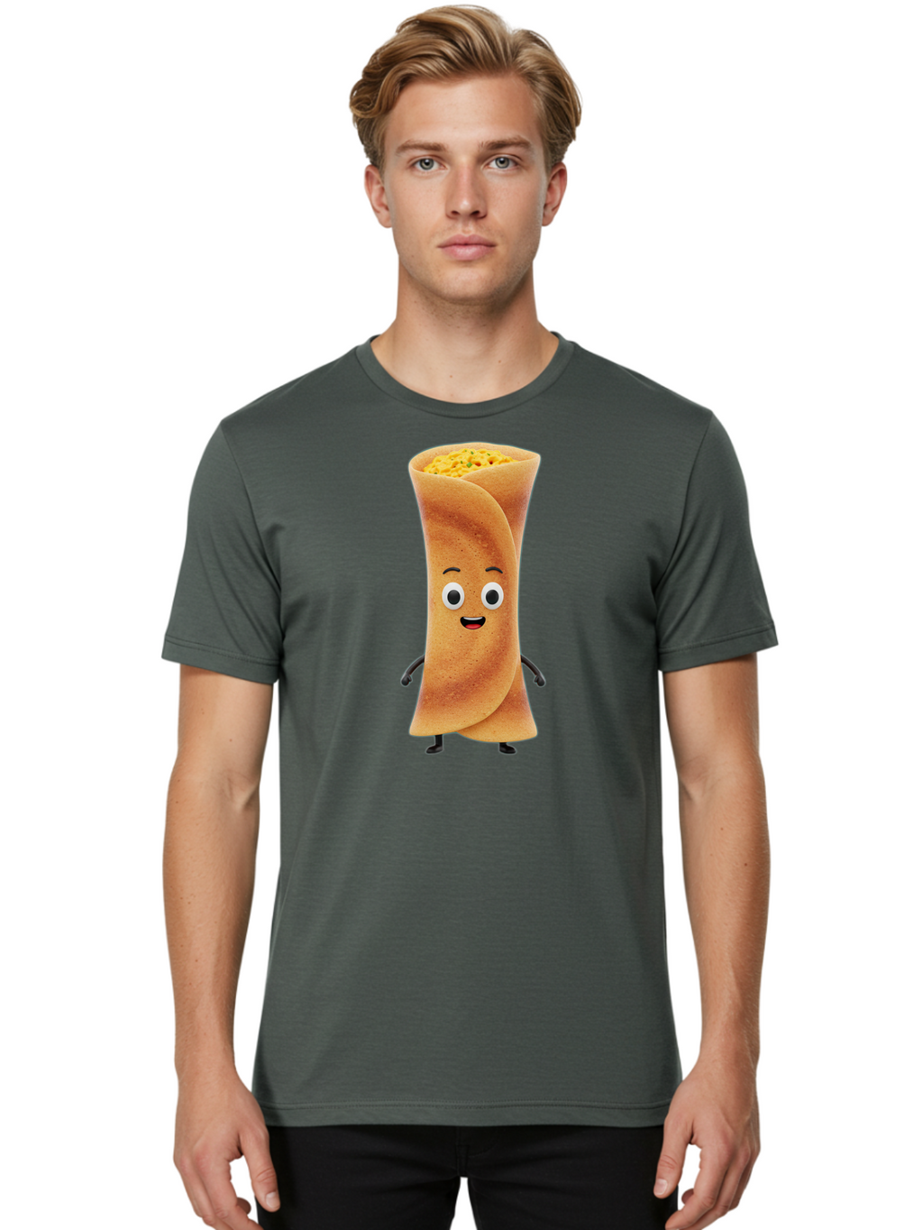 Burrito-Character Men'S Graphic Tee, 100% Cotton, Comfortable Casual Summer Wear, Machine Washable, Cartoon Burrito, Smiling Face, Eyes, Eyebrows, Mouth, Stuffed With Yellow Filling, Mexican Food, Animated Character, Funny, Playful, Foodie, Baa243