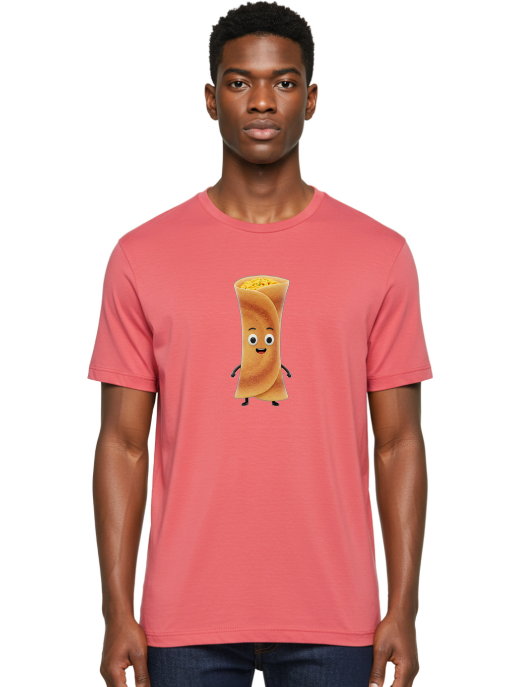 Burrito-Character Men'S Graphic Tee, 100% Cotton, Comfortable Casual Summer Wear, Machine Washable, Cartoon Burrito, Smiling Face, Eyes, Eyebrows, Mouth, Stuffed With Yellow Filling, Mexican Food, Animated Character, Funny, Playful, Foodie, Baa243