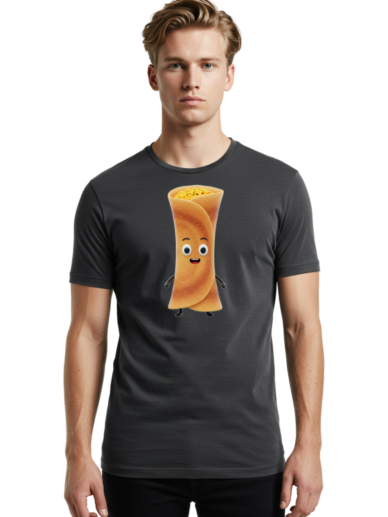 Burrito-Character Men'S Graphic Tee, 100% Cotton, Comfortable Casual Summer Wear, Machine Washable, Cartoon Burrito, Smiling Face, Eyes, Eyebrows, Mouth, Stuffed With Yellow Filling, Mexican Food, Animated Character, Funny, Playful, Foodie, Baa243