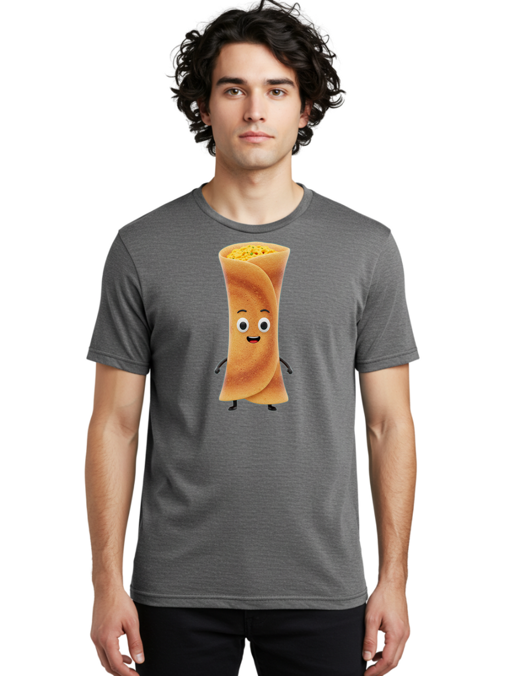 Burrito-Character Men'S Graphic Tee, 100% Cotton, Comfortable Casual Summer Wear, Machine Washable, Cartoon Burrito, Smiling Face, Eyes, Eyebrows, Mouth, Stuffed With Yellow Filling, Mexican Food, Animated Character, Funny, Playful, Foodie, Baa243