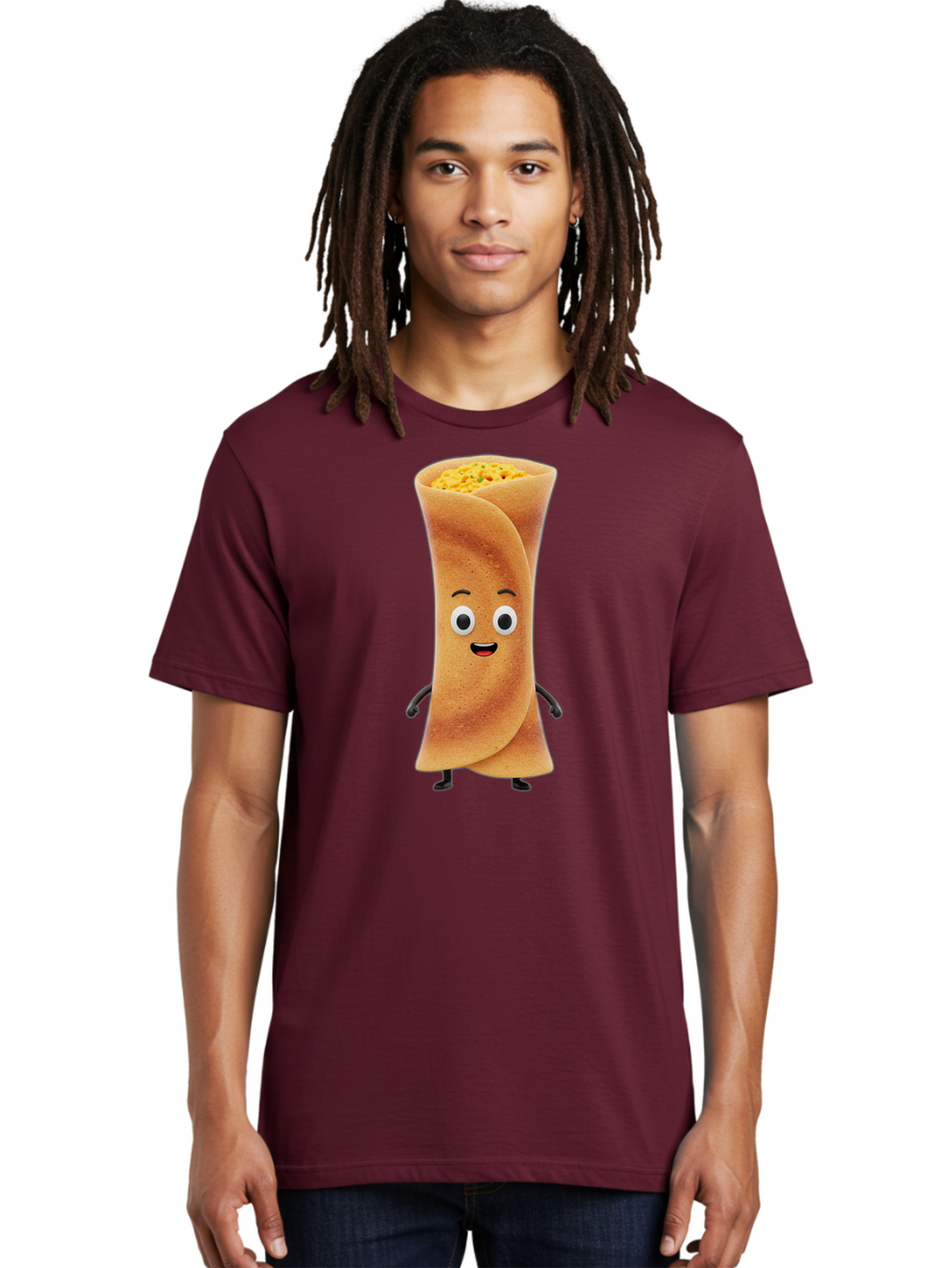 Burrito-Character Men'S Graphic Tee, 100% Cotton, Comfortable Casual Summer Wear, Machine Washable, Cartoon Burrito, Smiling Face, Eyes, Eyebrows, Mouth, Stuffed With Yellow Filling, Mexican Food, Animated Character, Funny, Playful, Foodie, Baa243