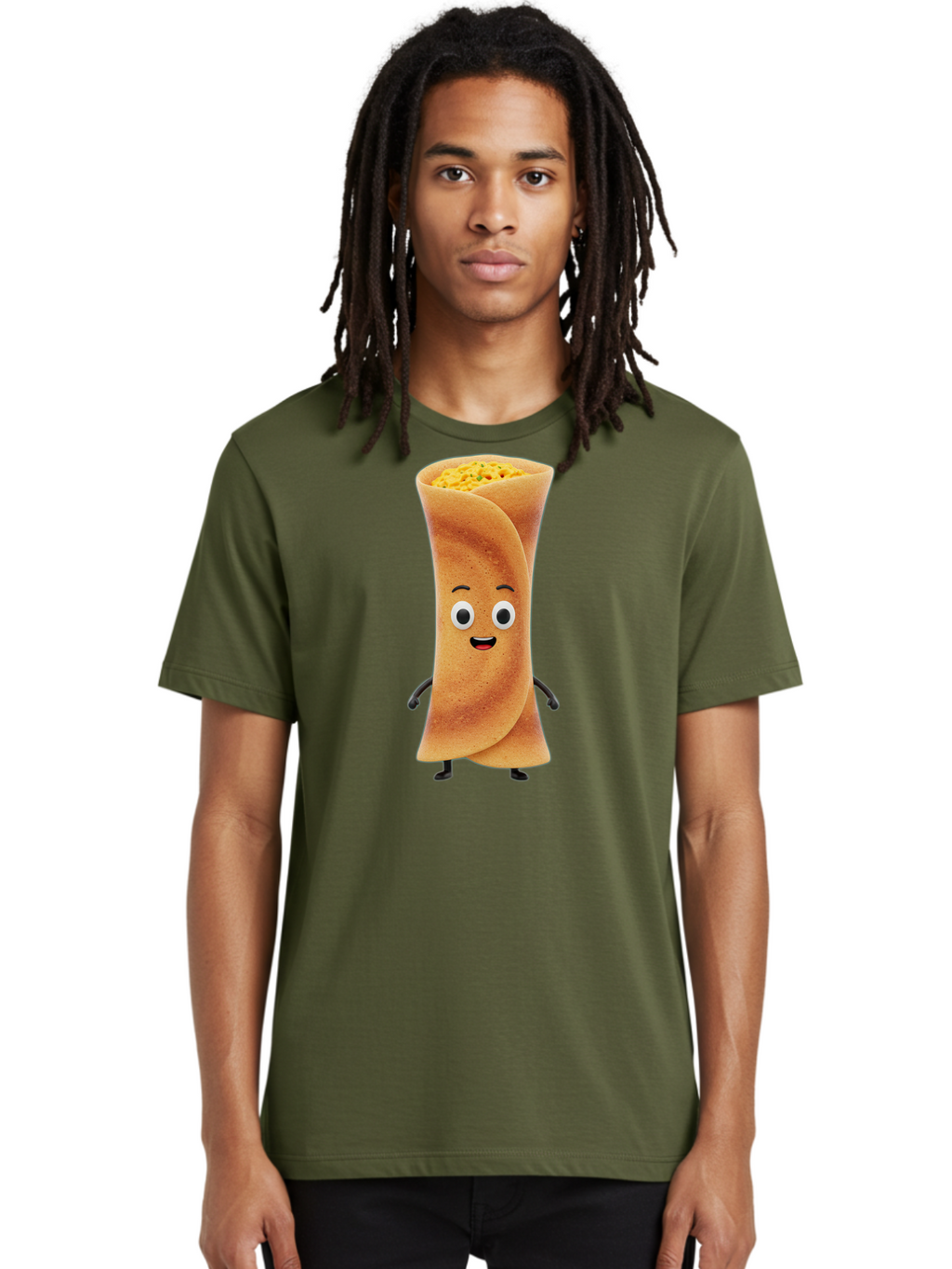 Burrito-Character Men'S Graphic Tee, 100% Cotton, Comfortable Casual Summer Wear, Machine Washable, Cartoon Burrito, Smiling Face, Eyes, Eyebrows, Mouth, Stuffed With Yellow Filling, Mexican Food, Animated Character, Funny, Playful, Foodie, Baa243