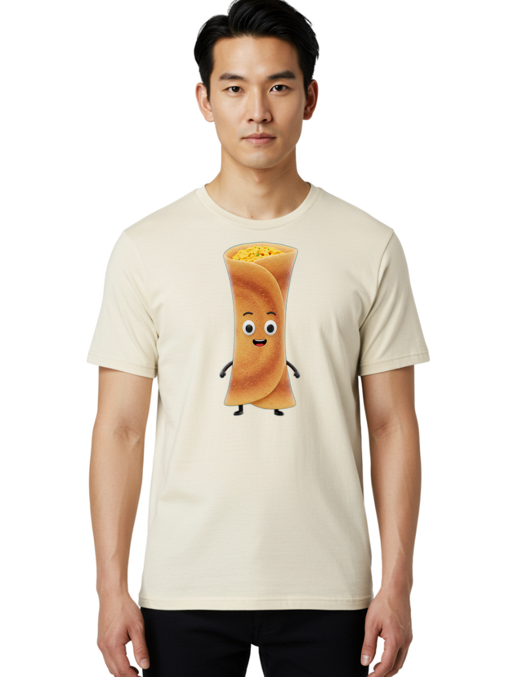 Burrito-Character Men'S Graphic Tee, 100% Cotton, Comfortable Casual Summer Wear, Machine Washable, Cartoon Burrito, Smiling Face, Eyes, Eyebrows, Mouth, Stuffed With Yellow Filling, Mexican Food, Animated Character, Funny, Playful, Foodie, Baa243