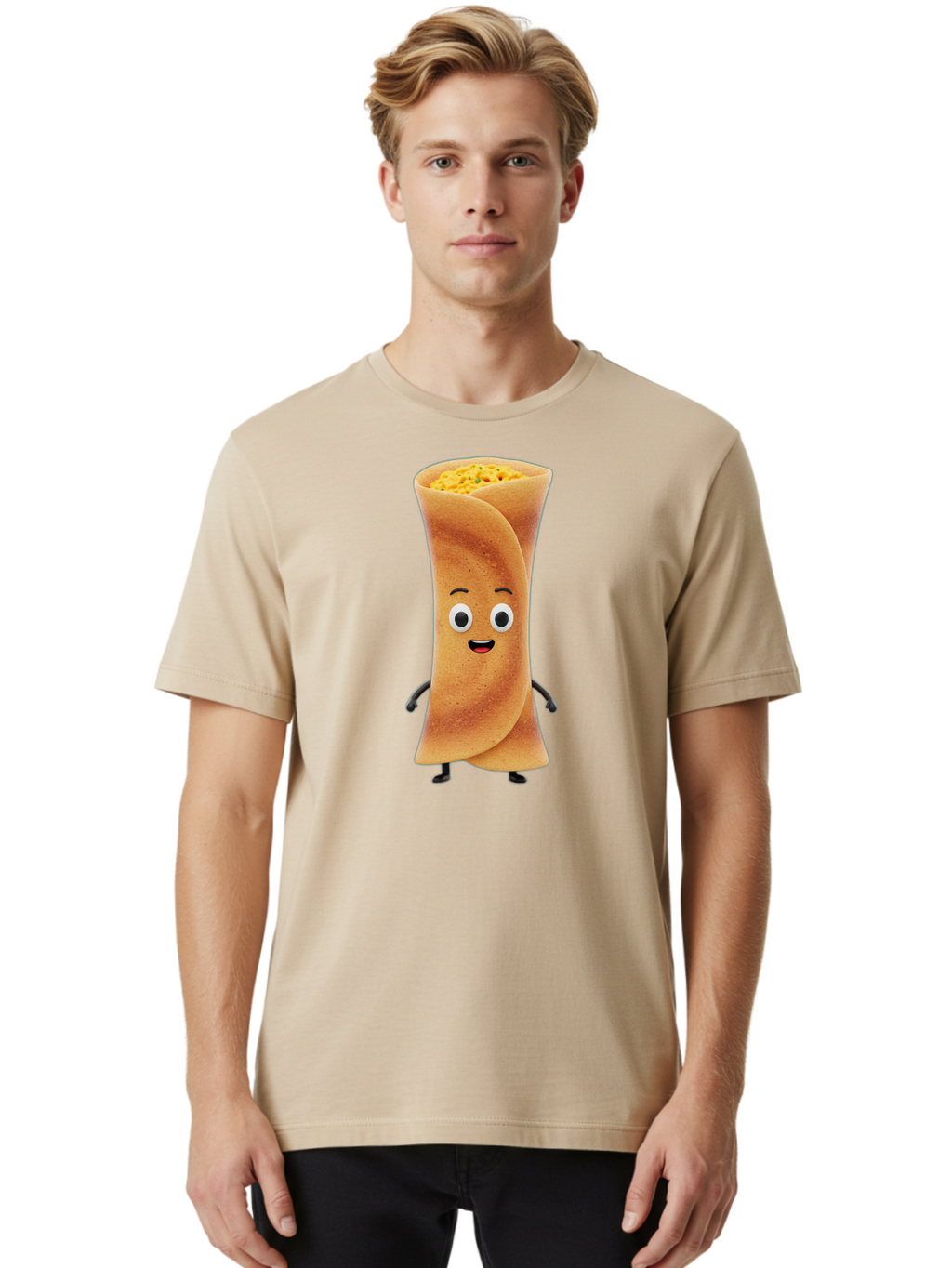 Burrito-Character Men'S Graphic Tee, 100% Cotton, Comfortable Casual Summer Wear, Machine Washable, Cartoon Burrito, Smiling Face, Eyes, Eyebrows, Mouth, Stuffed With Yellow Filling, Mexican Food, Animated Character, Funny, Playful, Foodie, Baa243