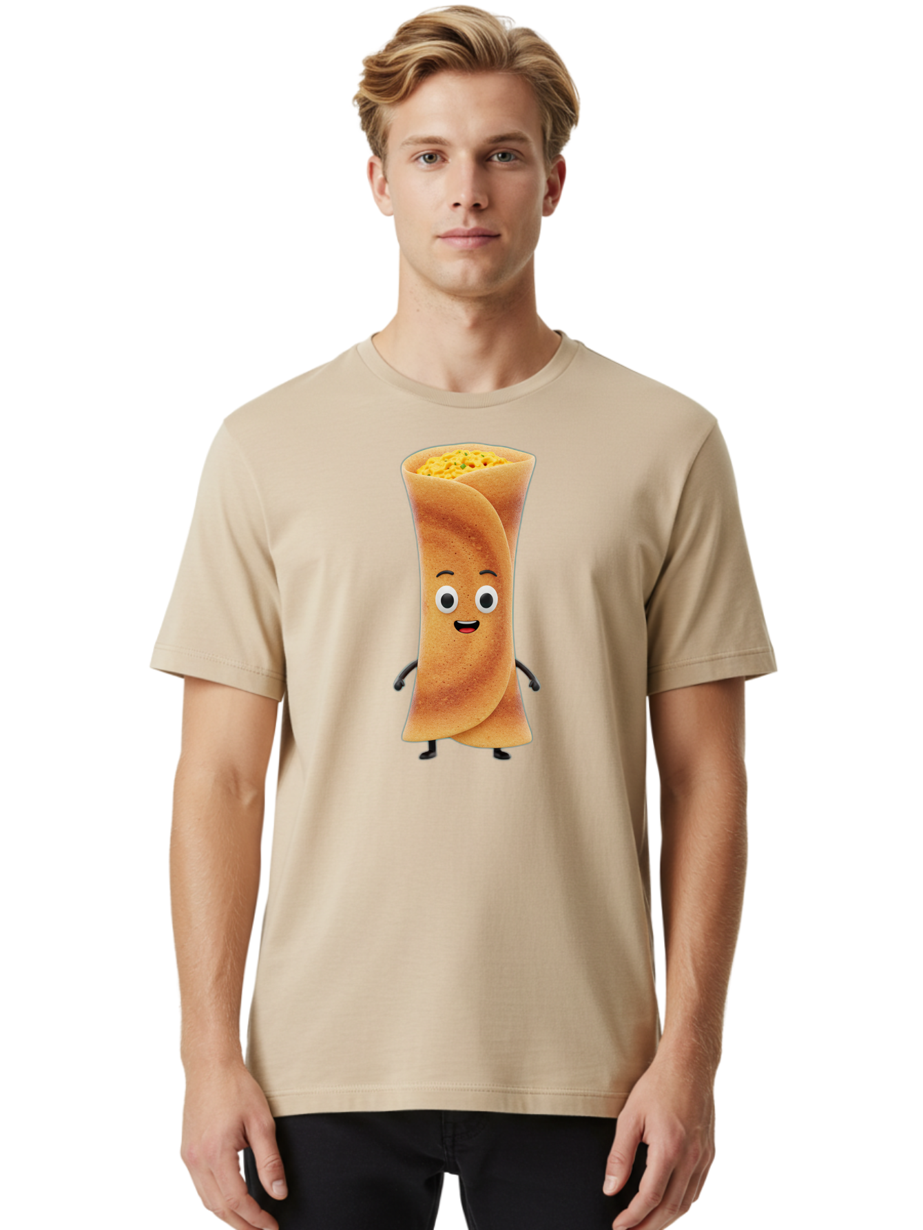 Burrito-Character Men'S Graphic Tee, 100% Cotton, Comfortable Casual Summer Wear, Machine Washable, Cartoon Burrito, Smiling Face, Eyes, Eyebrows, Mouth, Stuffed With Yellow Filling, Mexican Food, Animated Character, Funny, Playful, Foodie, Baa243