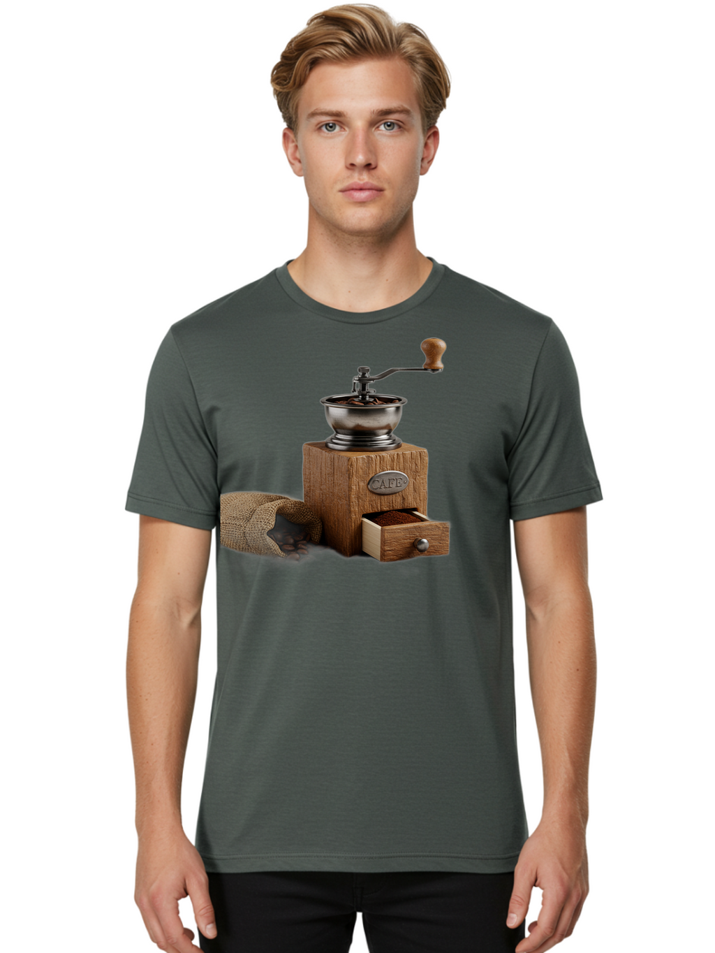 Cafe-Coffee-Grinder Men'S Graphic Tee, 100% Cotton, Comfortable Casual Summer Wear, Machine Washable, Coffee Grinder, Manual Grinder, Wooden Grinder, Cafe Label, Coffee Beans, Burlap Sack, Ground Coffee, Vintage Coffee, Coffee Roasting, Baa246